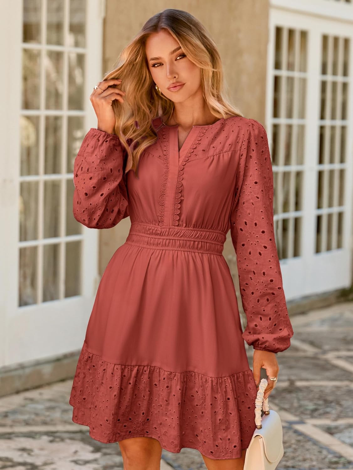 Simplee Womens Eyelet Long Sleeve Mini Dress 2025 Fall Boho Embroidery V Neck A Line Casual Short Party Dresses - Image 2
