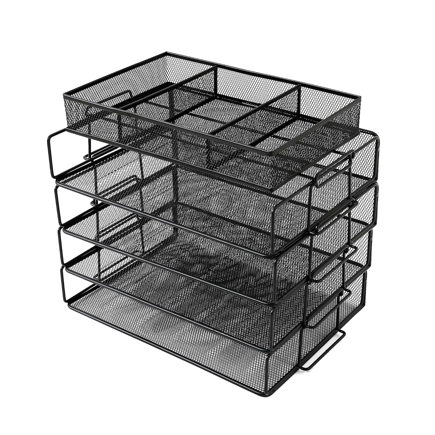 Kuber Industries 4-poziomowy metalowy organizer na biurko, organizer na dokumenty, z dodatkowymi górnymi mini koszami do przechowywania spinek do papieru, długopisów i akcesoriów stacjonarnych, taca