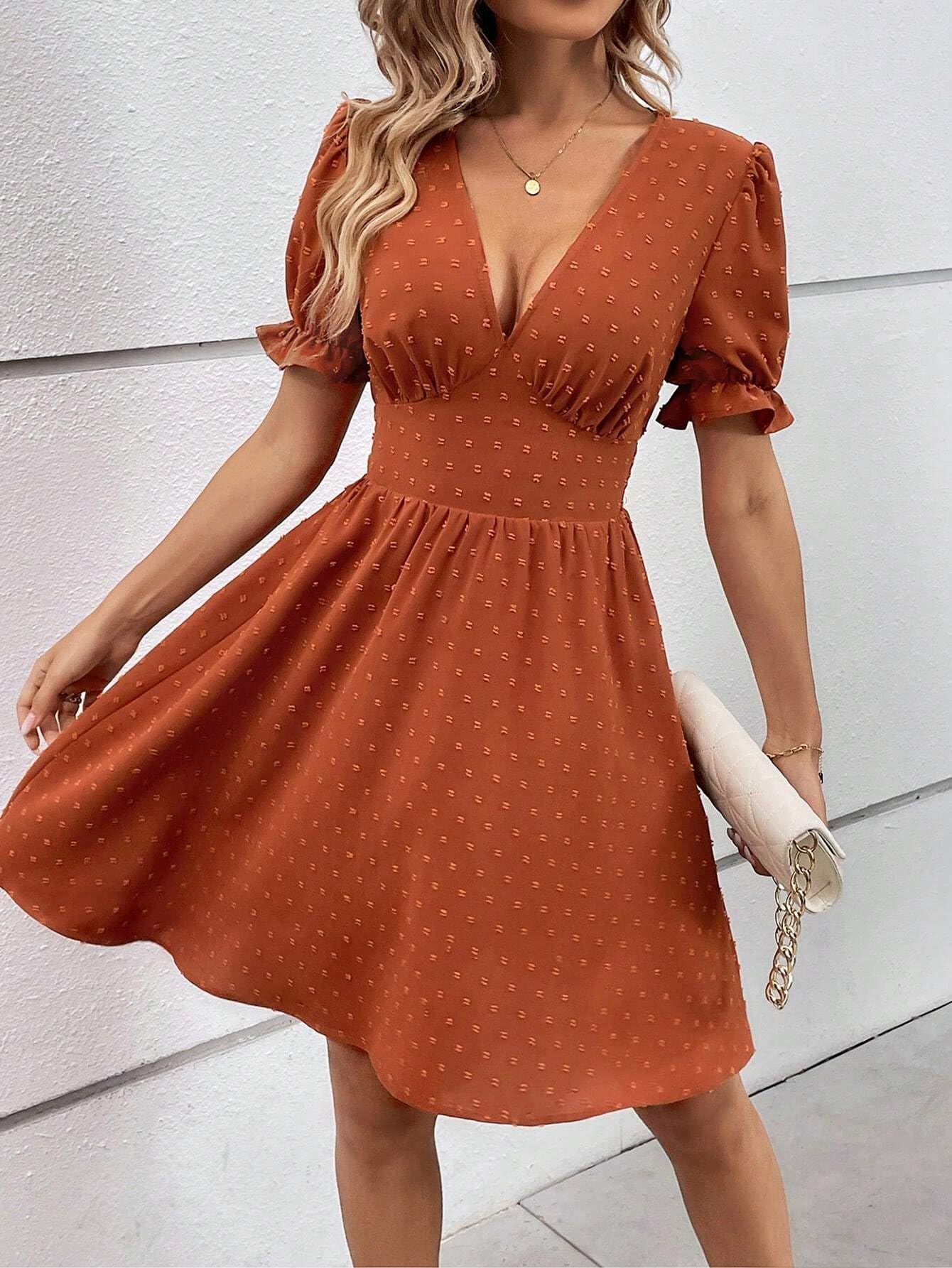 sismetry【orange】 back ribbon puff dress Women's Dresses Swiss Dot Plunging Neck Puff Sleeve Dress in