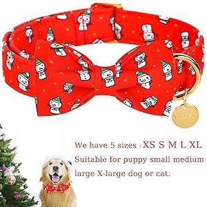 UP URARA PUP Dog Collar with Bow Tie, Christmas Comfortable Cotton Dog Bowtie Collar, Snowman Collar for Medium Girl Boy Dog, Durable Metal Buckle Red Dog Collar Bowtie, M, Winter