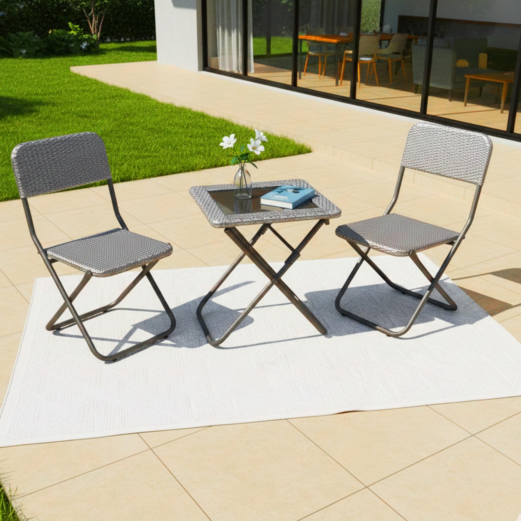 DEVOKO Foldable 3-Piece Outdoor Patio Wicker Furniture Set with Glass Top Table, All-Weather HDPE Rattan, Rustproof Metal Frame for Garden, Balcony & Lawn (Silver Grey)