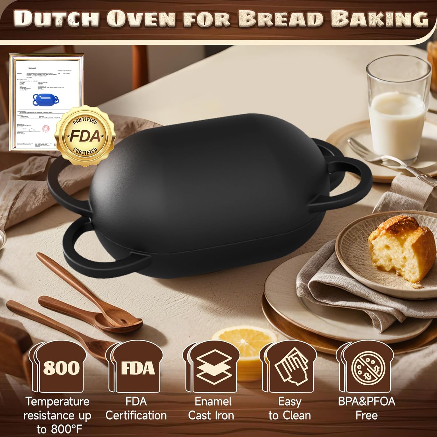 Enameled Cast Iron Oval Bread Oven with Non-Stick Silicone Liner, 2QT, Black, Mini Oval Homemade Sourdough Dutch Oven with Lid, Artisan Bread Loaf Pan for Homemade Bread Five-Years Free Replacement
