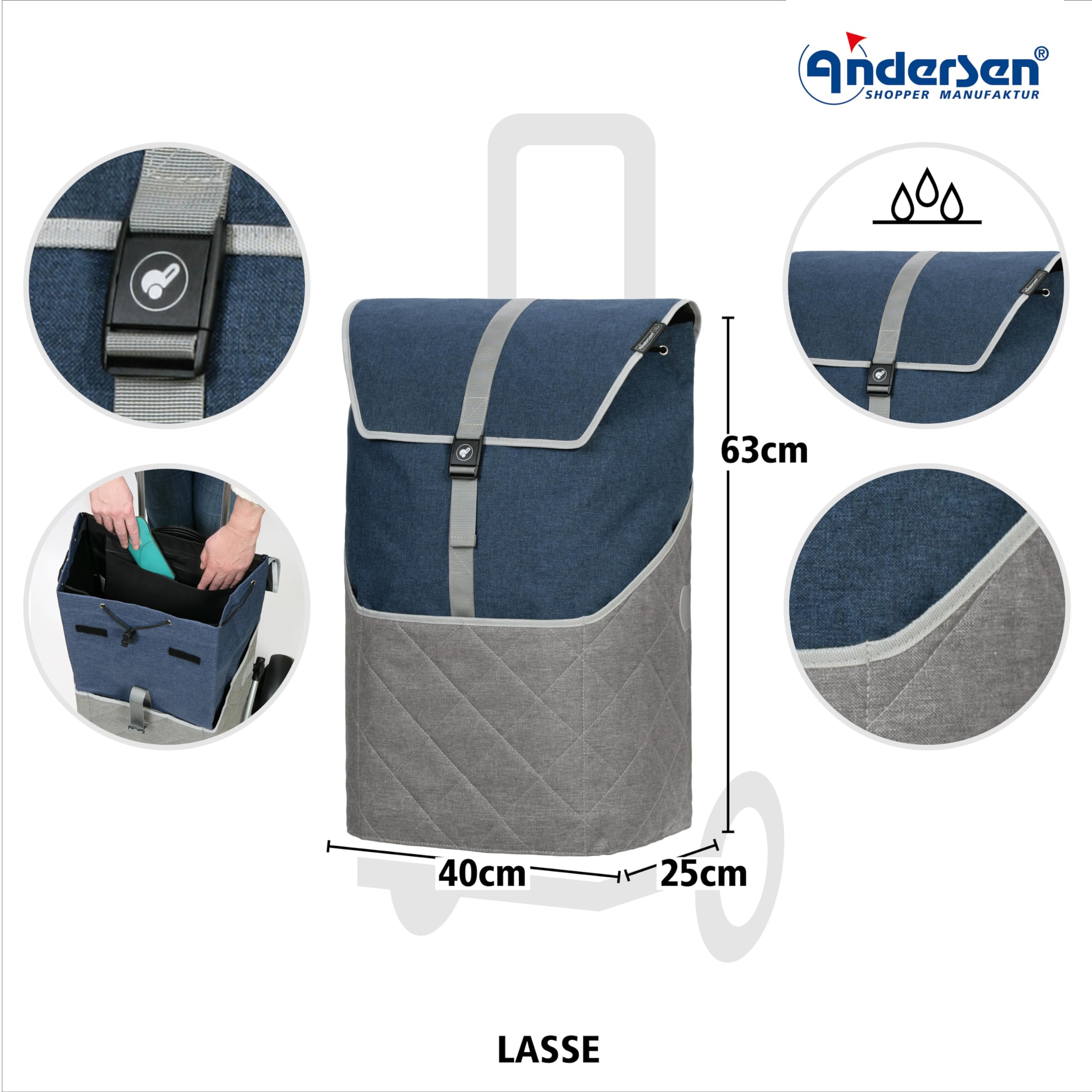 ANDERSEN Einkaufstrolley - Royal Sh. Plus Lasse blau | Fahrradanhänger, Luftbereifung, aus Alu, bis 50 kg - Tasche großes Volumen, Innenfach, Reflektoren, 59 L