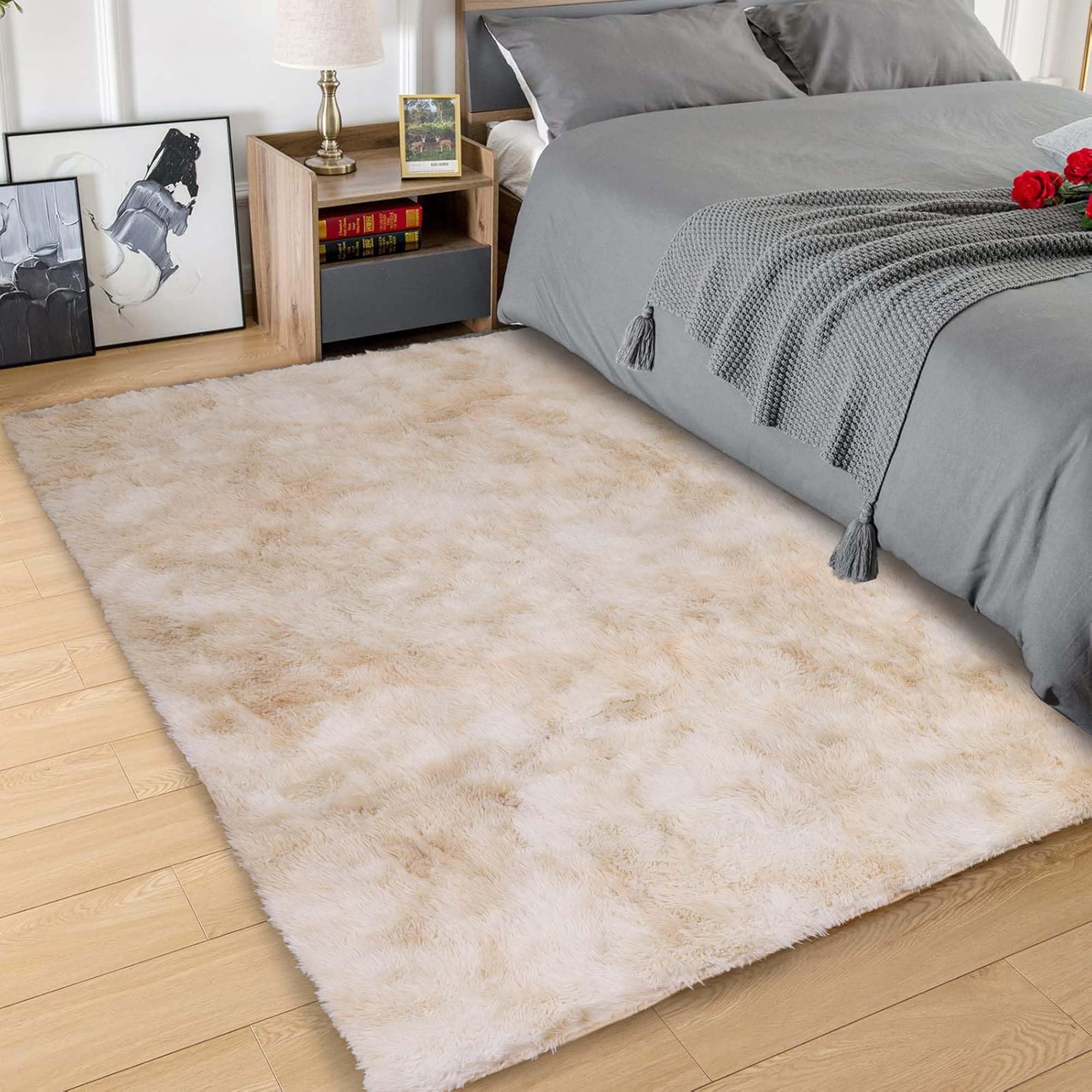 Hafaa Fluffy Shaggy Rugs Living Room Tie-Dye Cream 80x150 cm, Non-Slip Carpet Runner Rugs for Hallway, Soft Thick Pile Bedside Rug for Kids Bedroom, Nursery - Non-Shedding