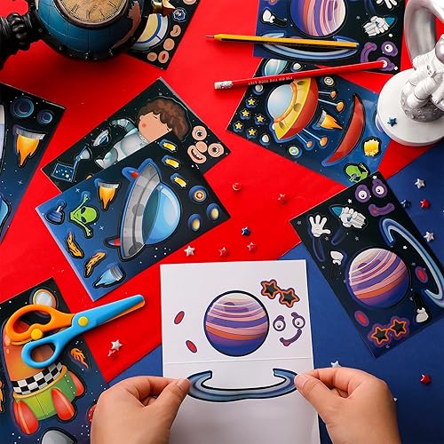 Miniatura 4 de Zonon 48 hojas de calcomanías espaciales de 6.5 x 4.5 pulgadas para niños, regalos de fiesta espacial, haz una cara, haz tus propias calcomanías