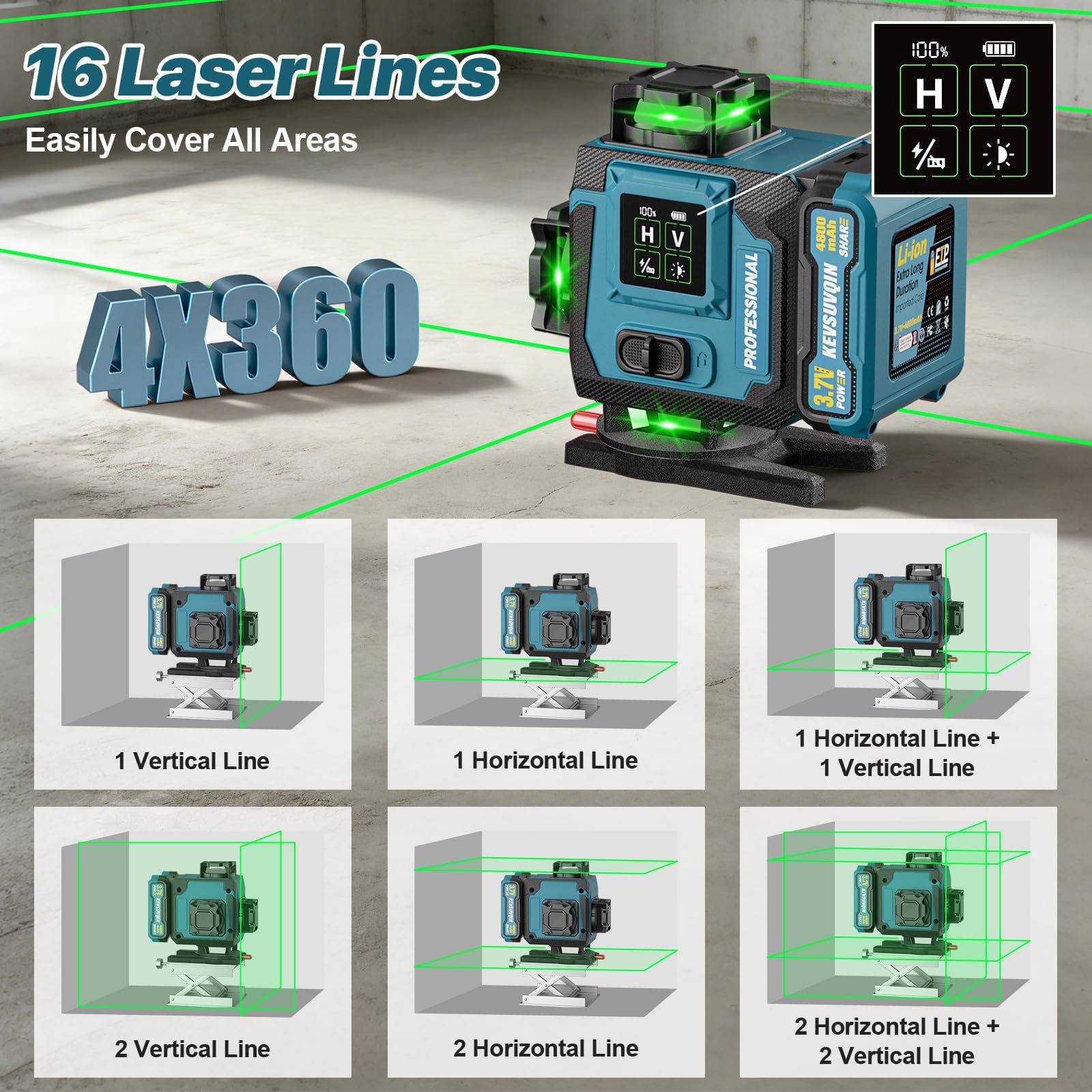 Nivel Laser,Nivel Laser Autonivelante 360 Grados con 2x4800mAh Batería & Pantalla LED Grande,Nivelador Laser 4x360 °, 4D 16 Líneas Laser Verde/APP/Control Remoto para Construcción
