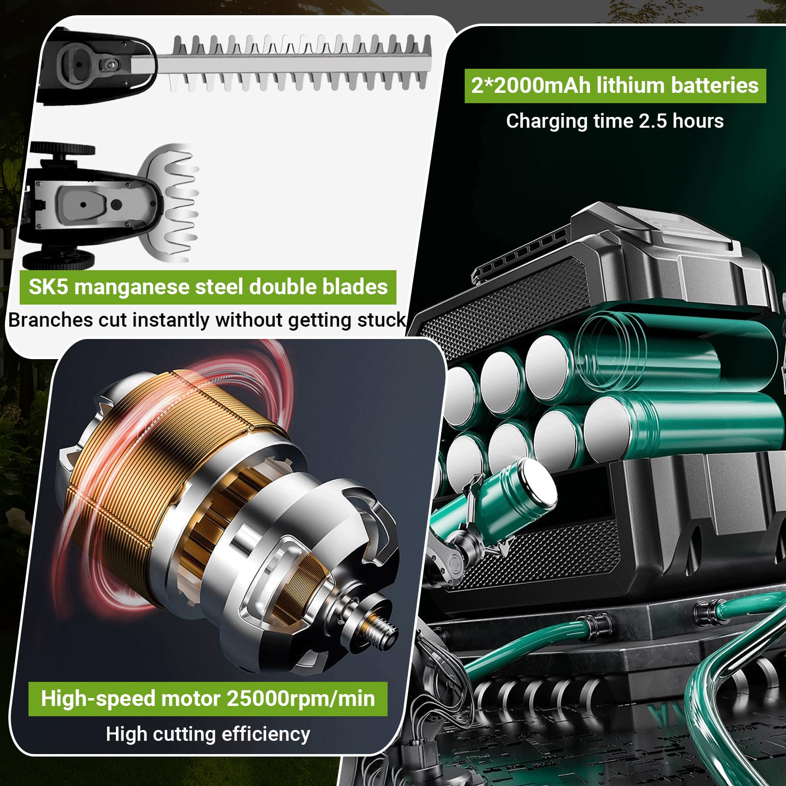 Akku Heckenschere mit Teleskopstiel und Rollen, 4-in-1 Elektro-Teleskop-Astschere & Grasschere mit Leistungsdisplay und 2x21V Akkus, Aluminiumlegierung, Max 1,73m, 110° Verstellbarer Kopf