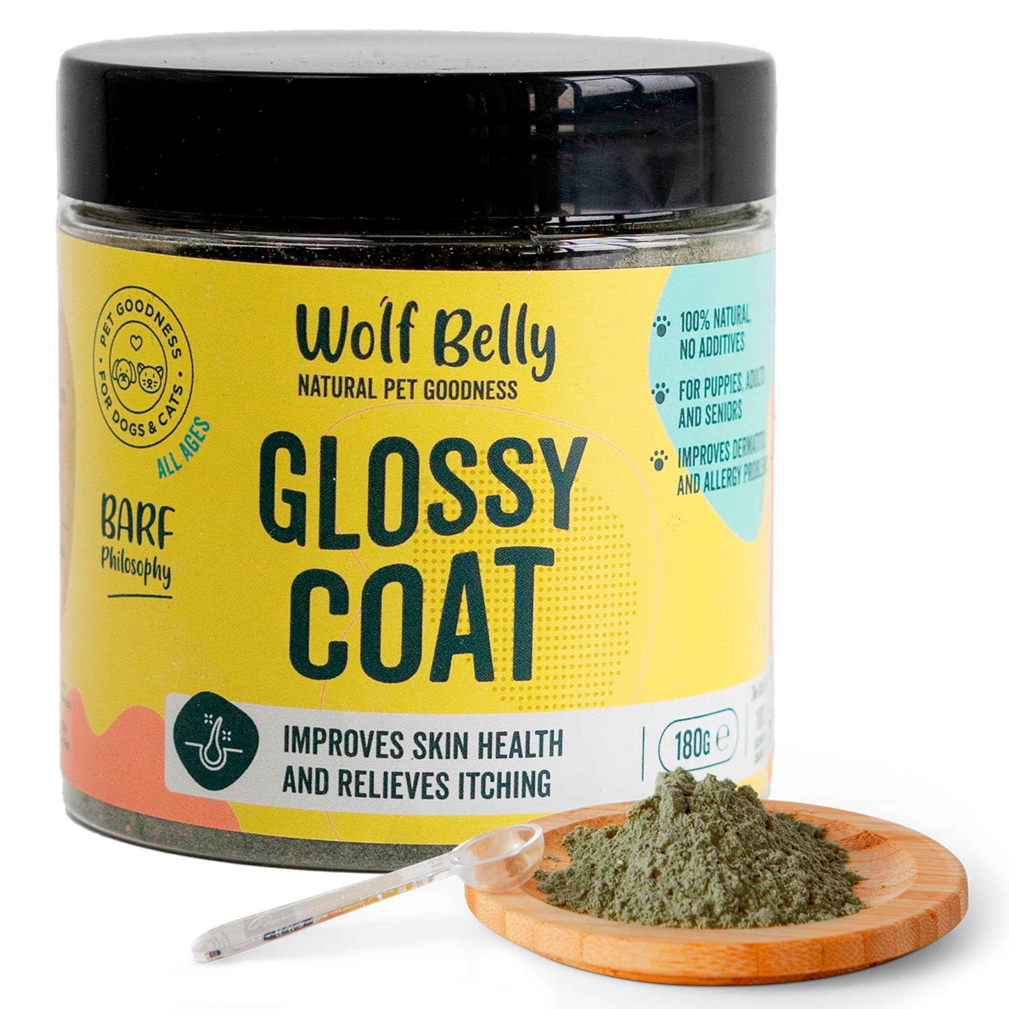 Wolf Belly - Suplemento para Aliviar Picor en Perros 100% Natural (180 gr) Levadura de Cerveza en Polvo con Omega 3 Perros, Reduce la Dermatitis Perro, Pelaje Denso, Brillante y Sano - Glossy Coat