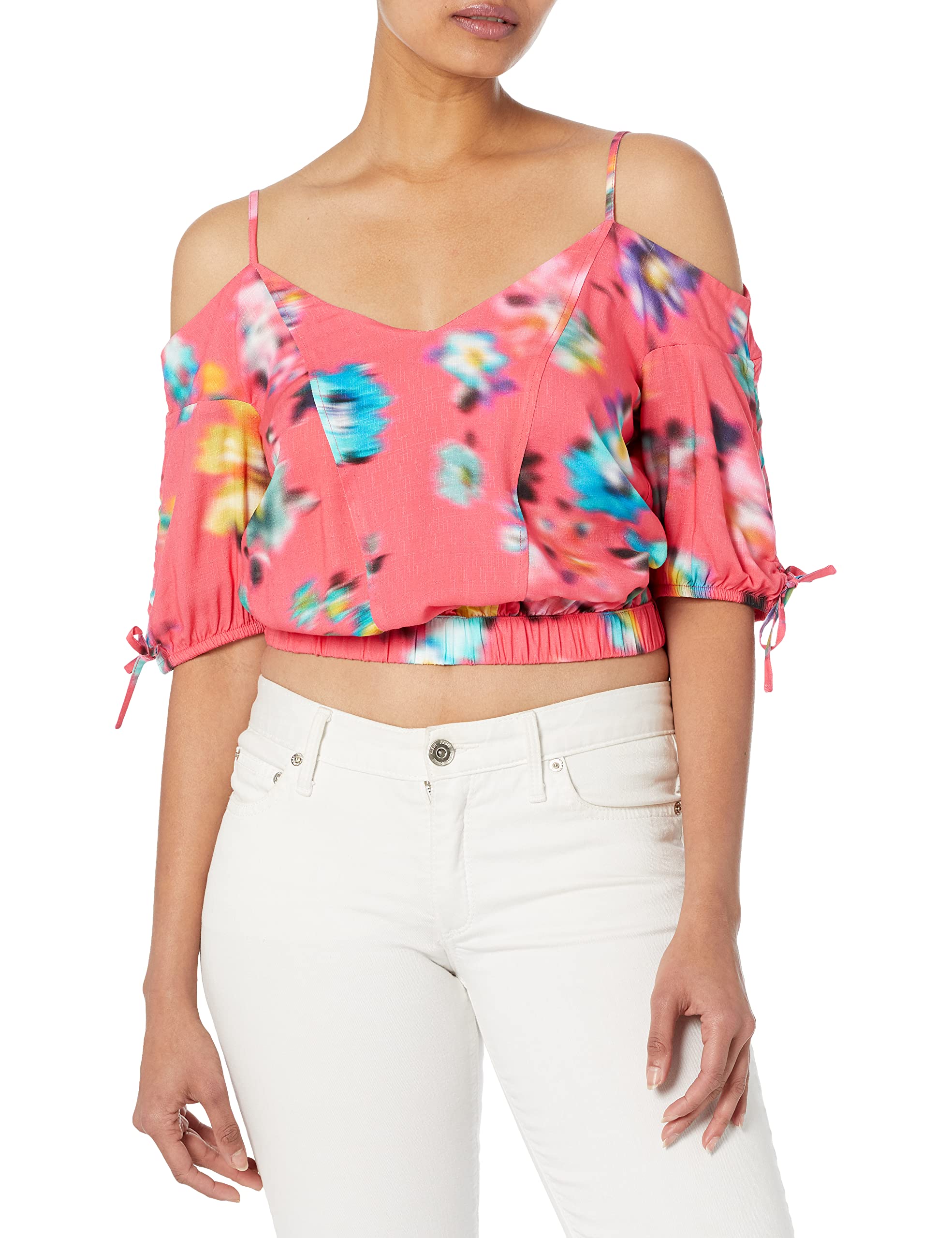 Kurze Bluse Raffung Blumen - RED - XL