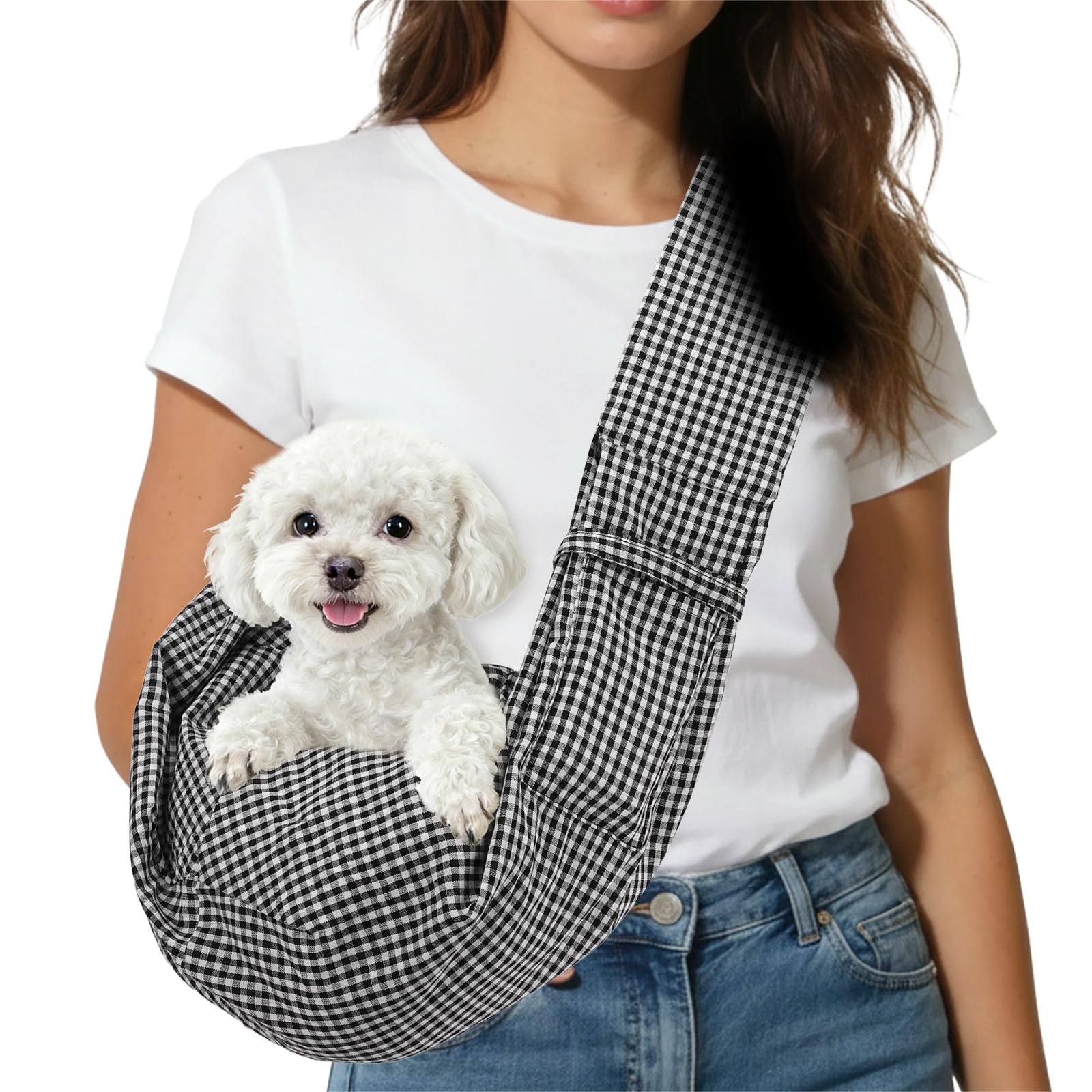 sourcing map Dog Sling Carrier for Small Dogs and Cats Up to 16.5 Lbs, Breathable Texture with Pocket Pet Cross Body Shoulder Bag, (Black White, 1 Pcs) Intended for Outdoor Travel/Camp