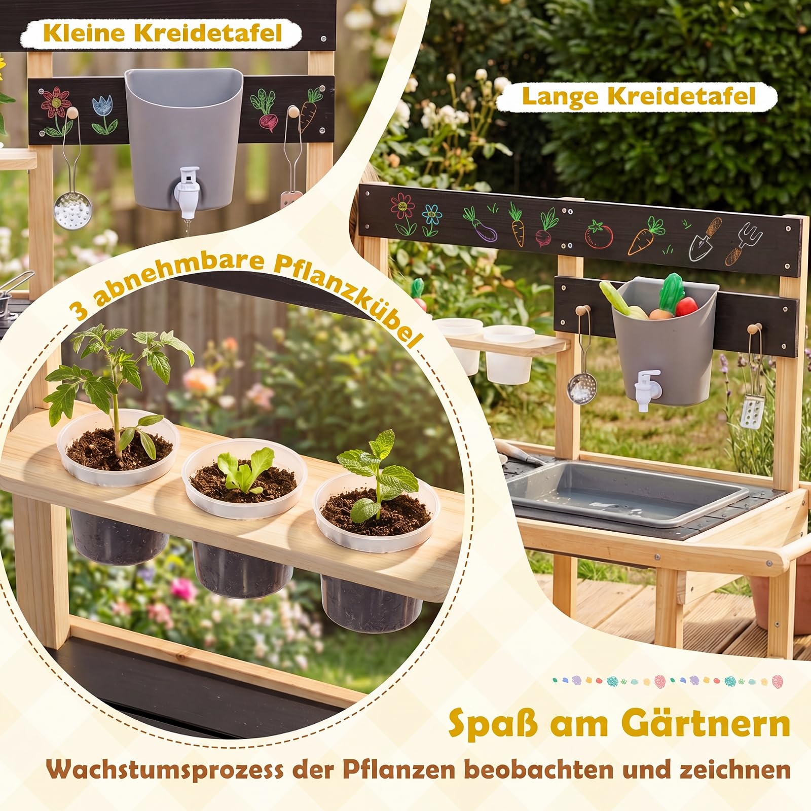 COSTWAY Matschküche Kinder Outdoor, Spielküche mit Wassertank & Wasserhahn | Kinderküche mit Rädern, Spüle, 3 Blumentöpfen, 2 Herd & Kochzubehör, Gartenspielküche für Kinder ab 3 Jahren