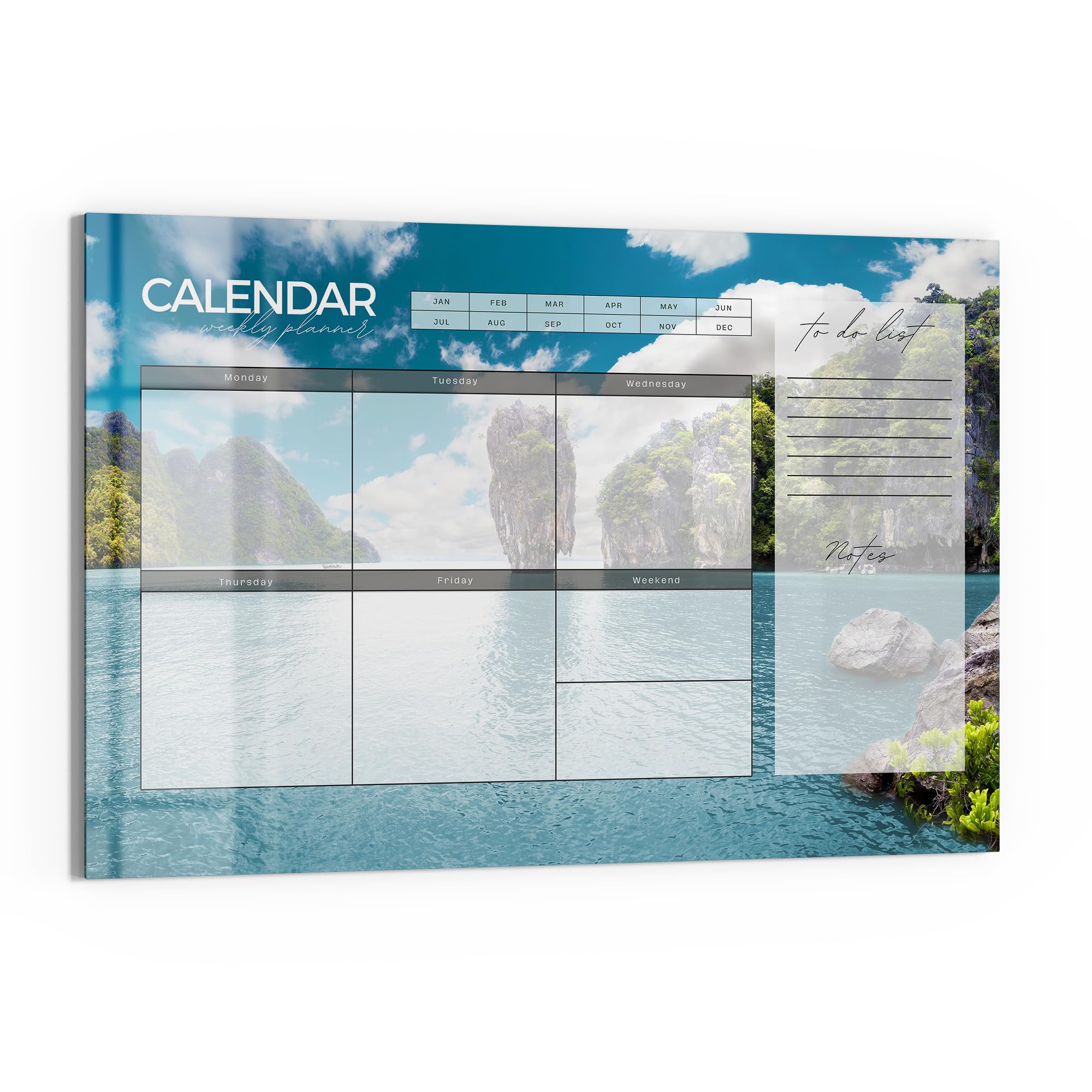 DEQORI Lavagna magnetica in vetro | 90 x 60 cm | motivo "Agenda settimanale Asia (EN)" | Lavagna memo in vetro | Lavagna magnetica con magneti, penna e panno per cucina e ufficio | Lavagna magnetica e