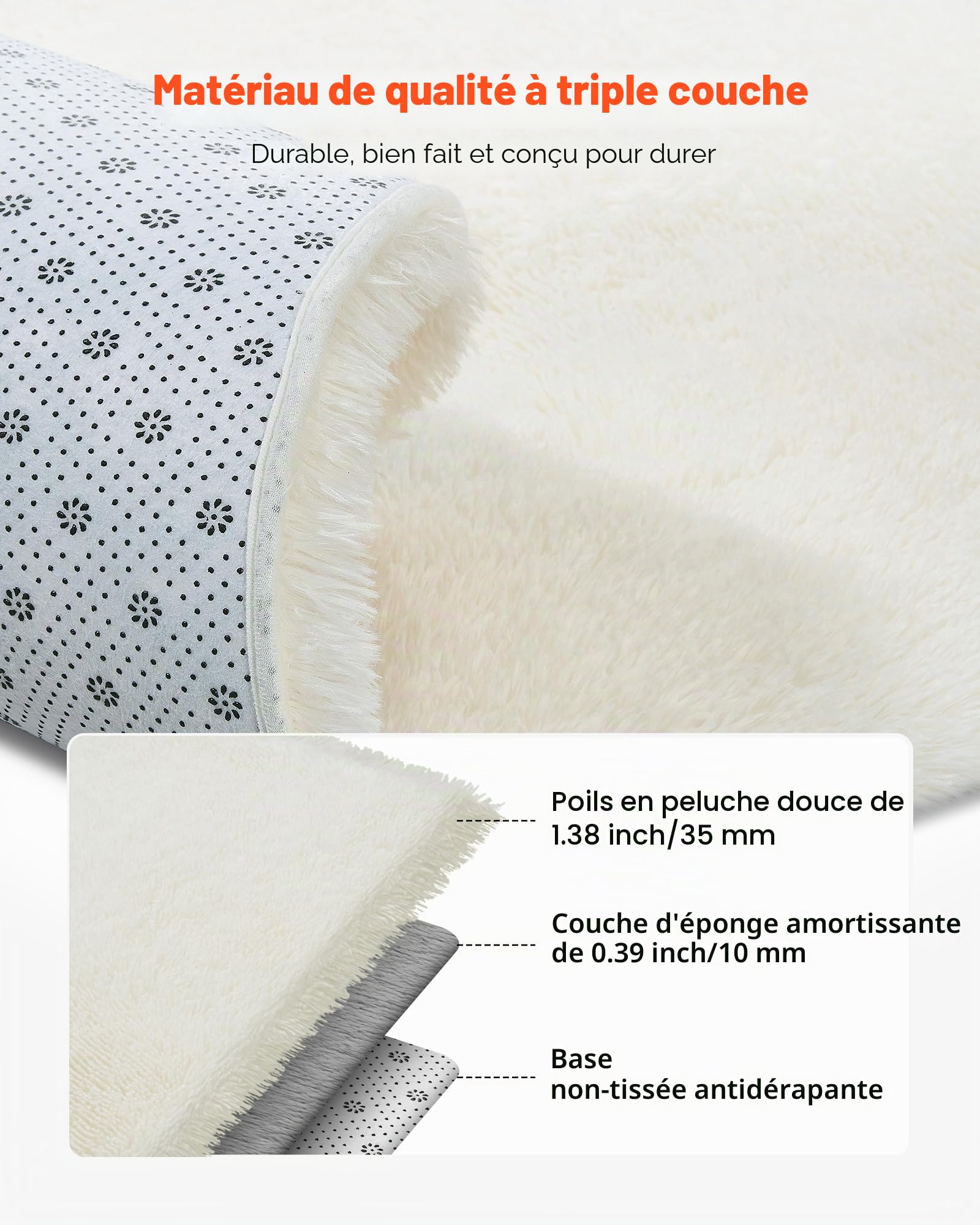 VEVOR Tapis Salon Chambre Poil Long 2,44 x 3,05 m Tapis Moderne de Décoration Intérieur Rectangulaire Antidérapant Peluche Moelleux Doux Épais Non Tissé pour Salon, Chambre à Coucher, Blanc Ivoire