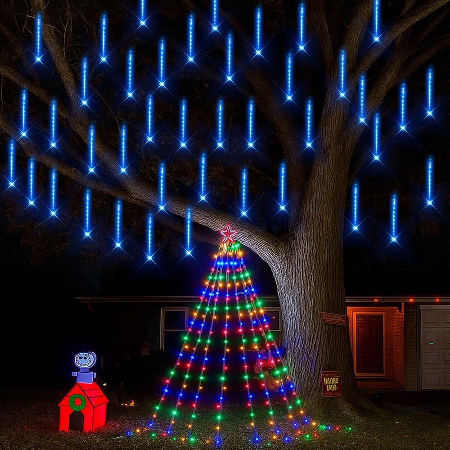Outdoor Christmas Decoration Set: Multicolor Waterfall Lights and Longer Size Blue Icicle Lights