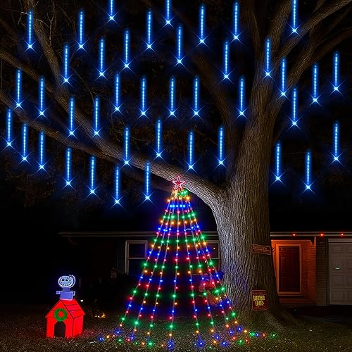 Juego de decoración navideña para exteriores luces de cascada multicolor y luces de carámbano azules de tamaño más largo