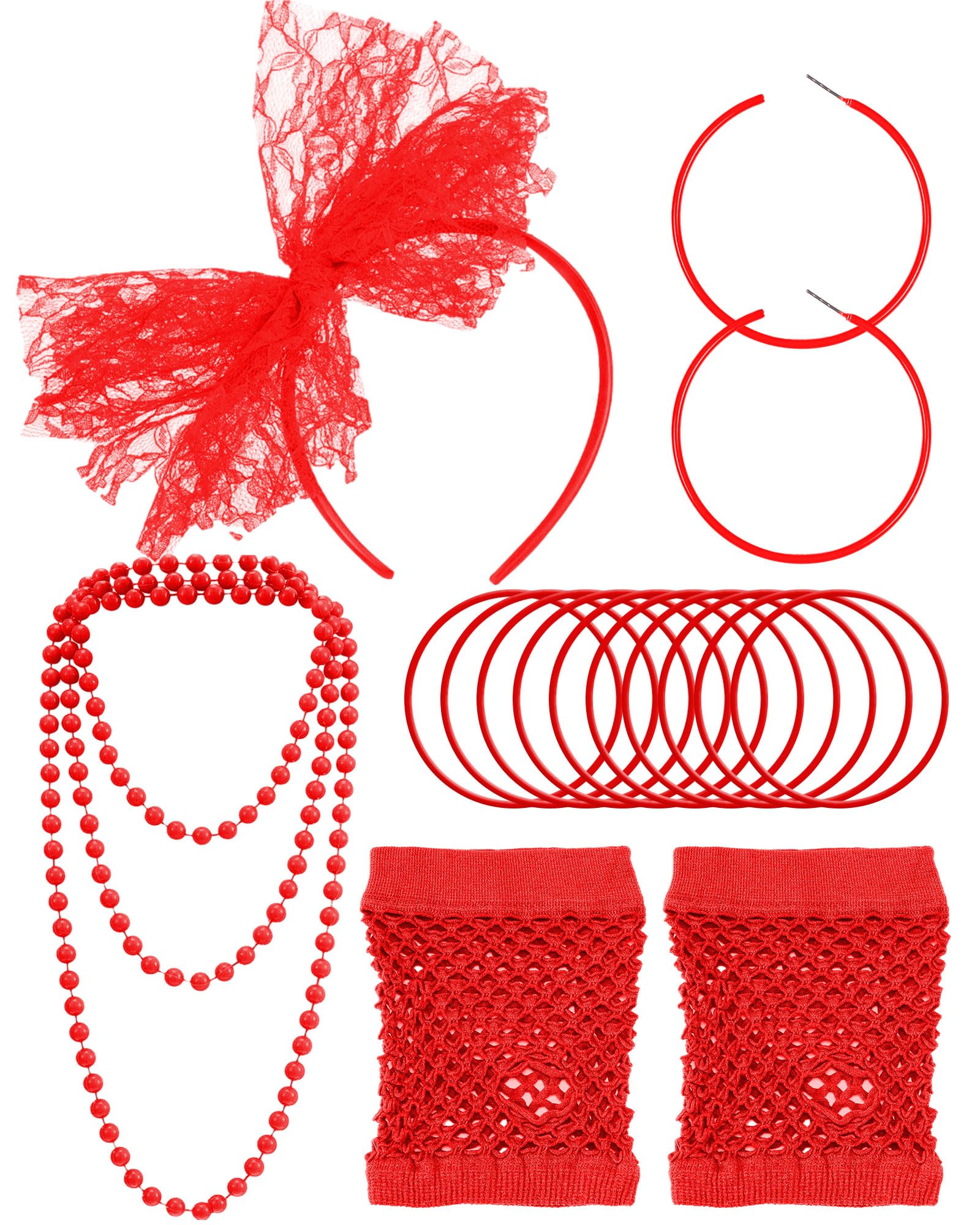 Blulu 80s Costume Accessories for Women Lace Headband Earrings Fishnet Gloves Necklace Bracelet for 80s Retro Party(Dark Red) — image 1