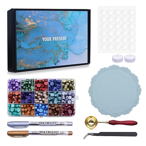 SWANGSA Kit de cuentas de sellado de cera con caja de regalo, 15 colores, 405 cuentas de sellado de cera, 2 bolígrafos metálicos de sellado de cera,