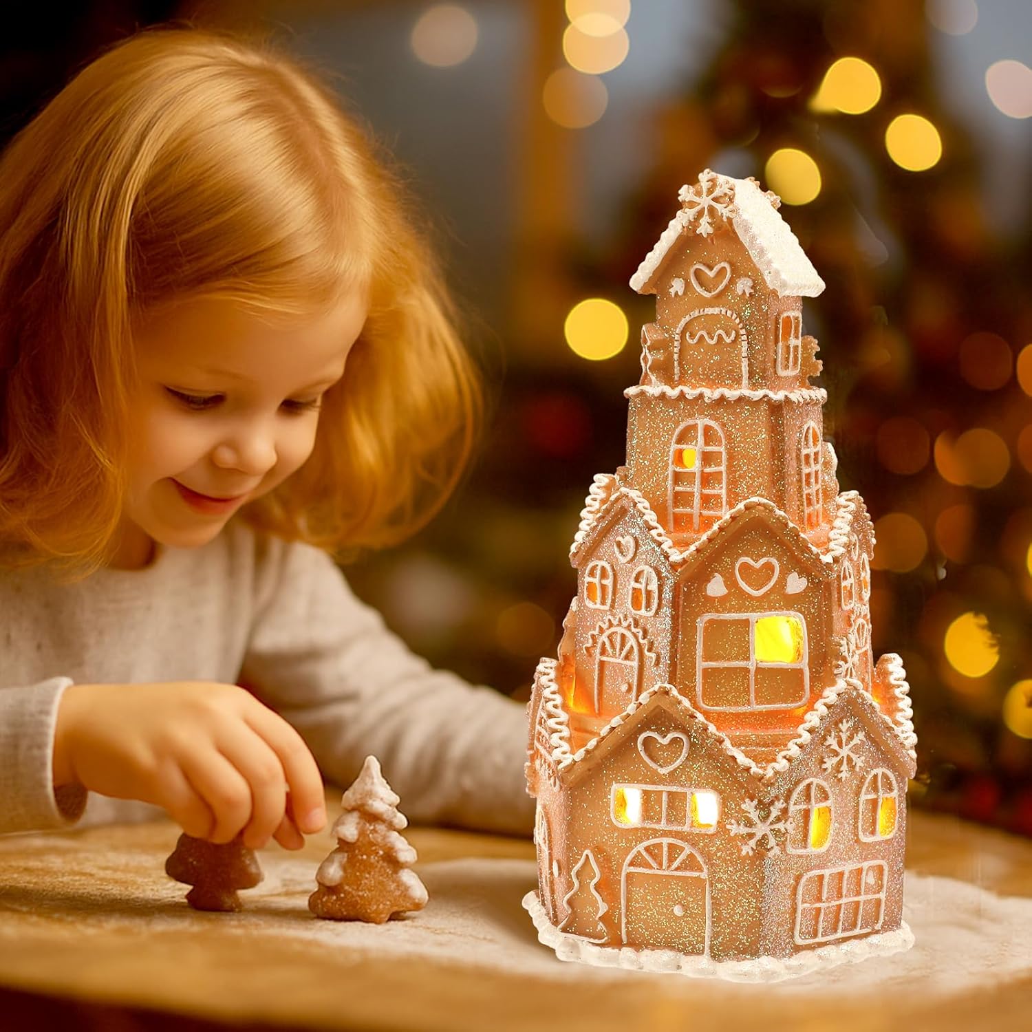 LED Christmas Gingerbread House Decoration Resin Christmas Gingerbread Village Sets Xmas Village Collectible Figurines Home Decor Gifts 5 x 5 x 8.25 Inch