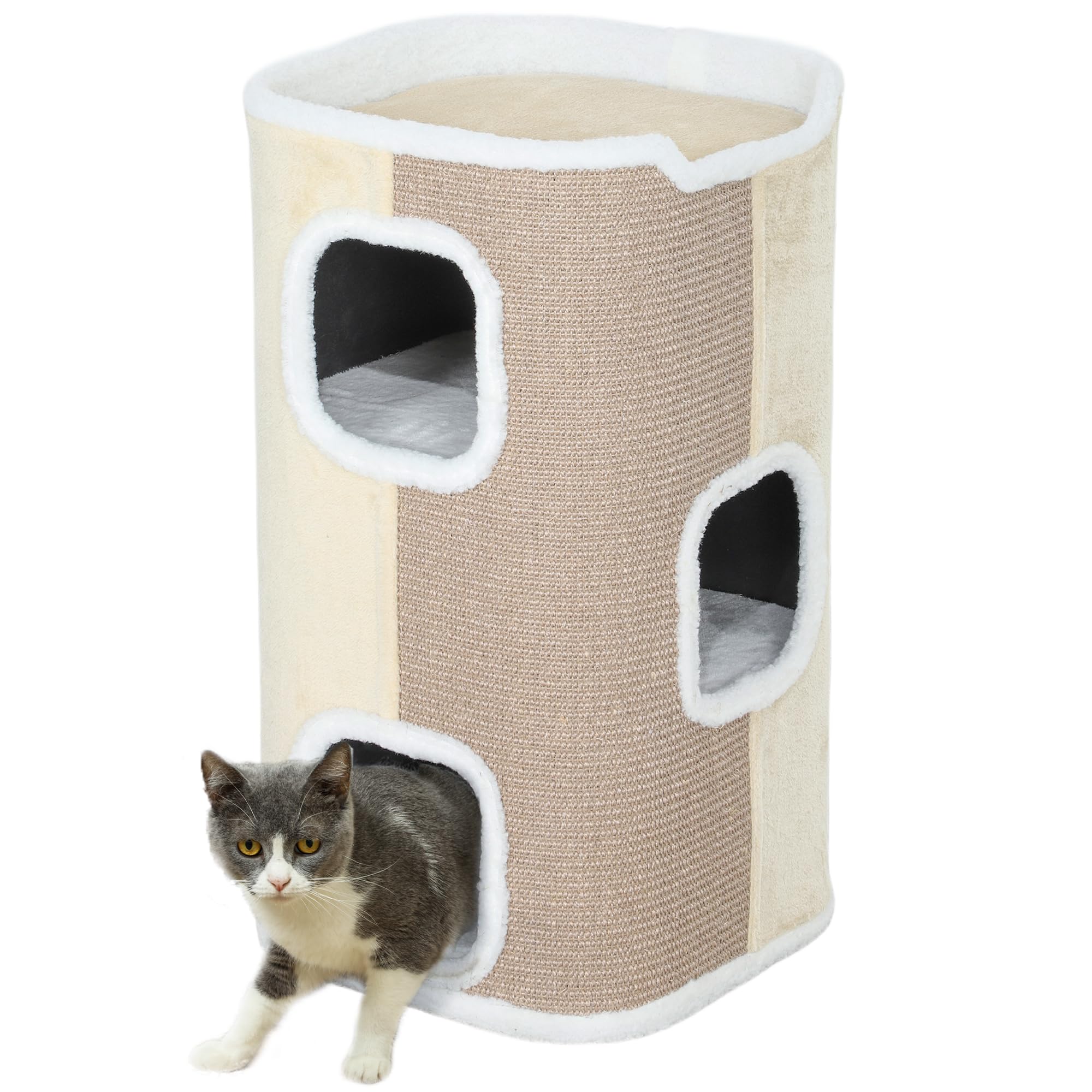 PawHut Tonneau à chat à trois étages de 74 cm de haut avec coussin, bord en peluche, grotte pour petits chats, beige + blanc