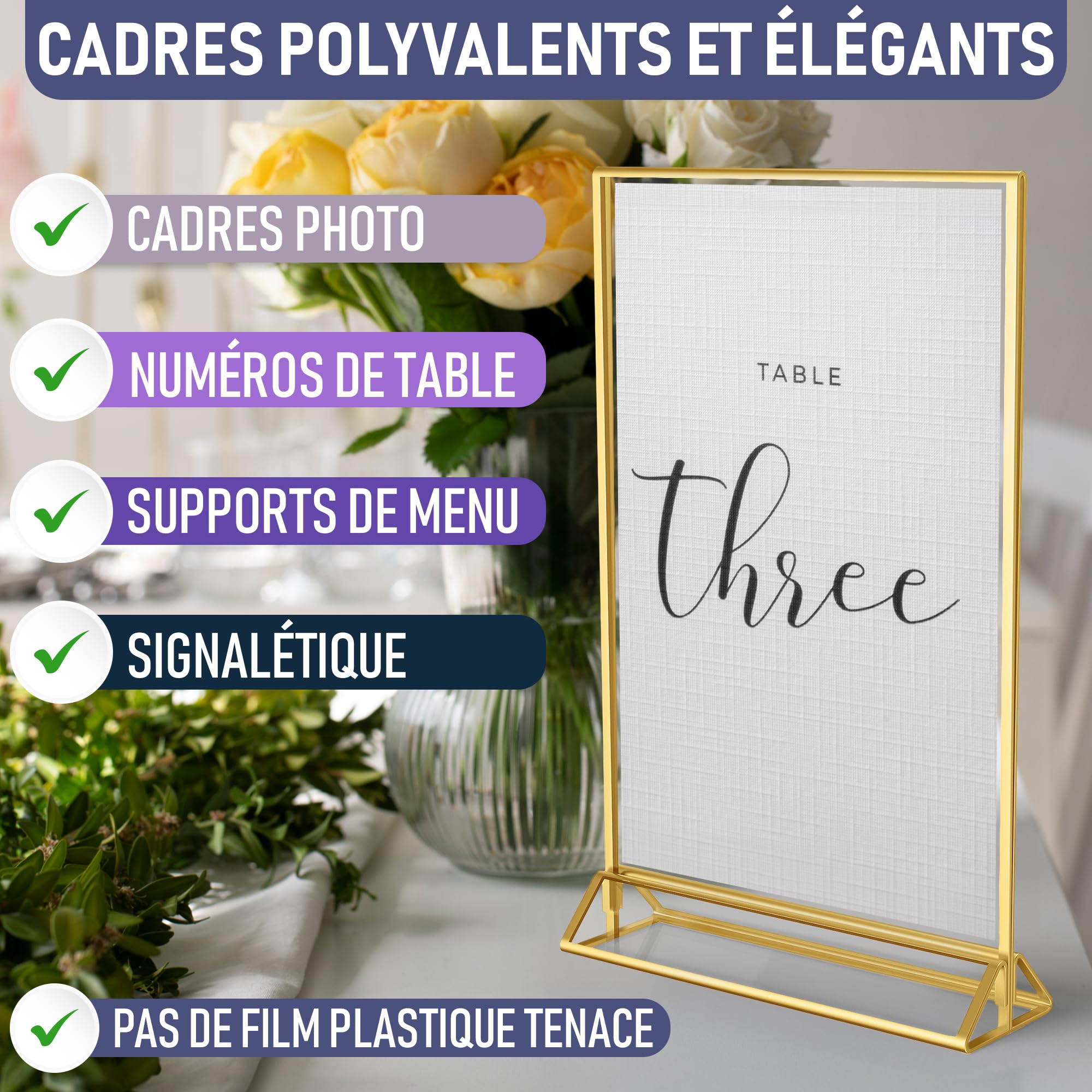 Dasher Products Cadres Photos Dorés Double Face - Pack de 6 - Porte-numéros de table dorés en acrylique, chevalets de table transparents pour affiche, porte-menus, cadres photos (A5)