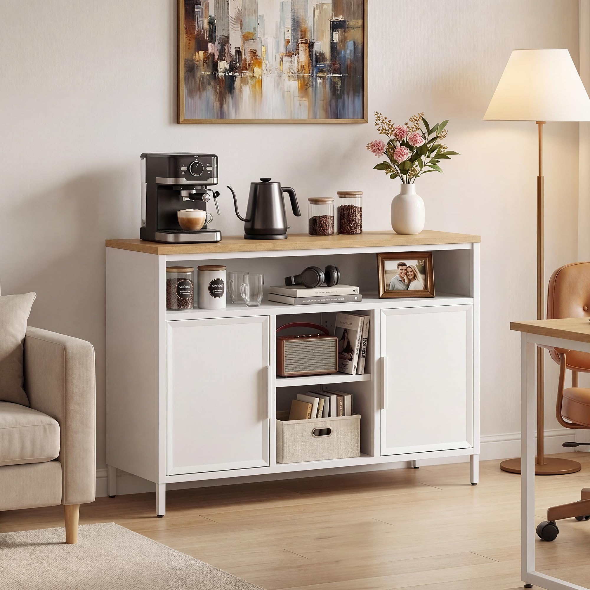 YITAHOME Sideboard Metallschrank, Küchenschrank Doppeltür, 108 cm, Weiß