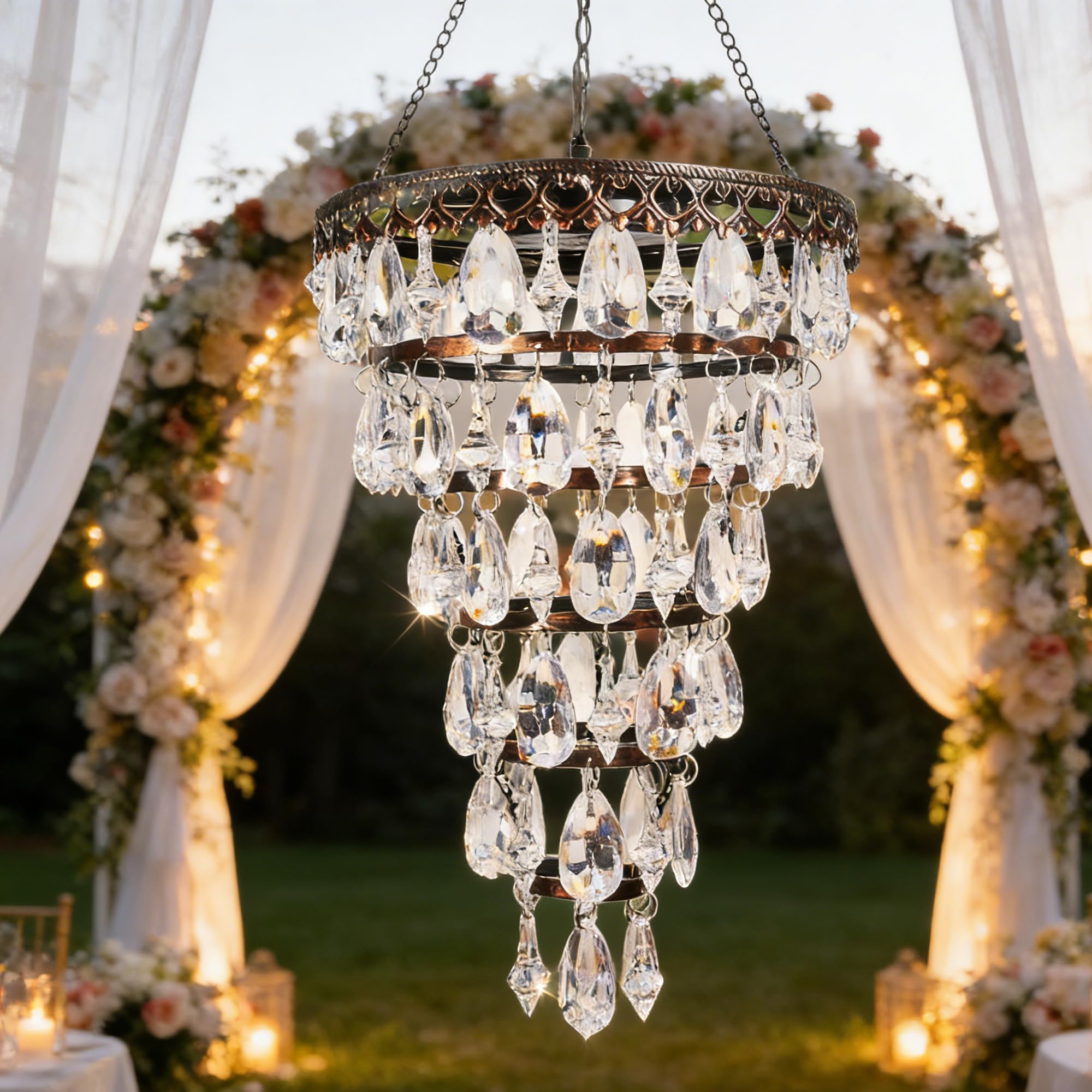 Photo 1 of Solar Hanging Acrylic Crystal Chandelier Outdoor Garden Decorative Lights Bright Warm LED and 5ft LED Strip Weatherproof Tree Hanging Lantern for Mom's Gifts Garden Gazebo, Party, Wedding 6 Tier