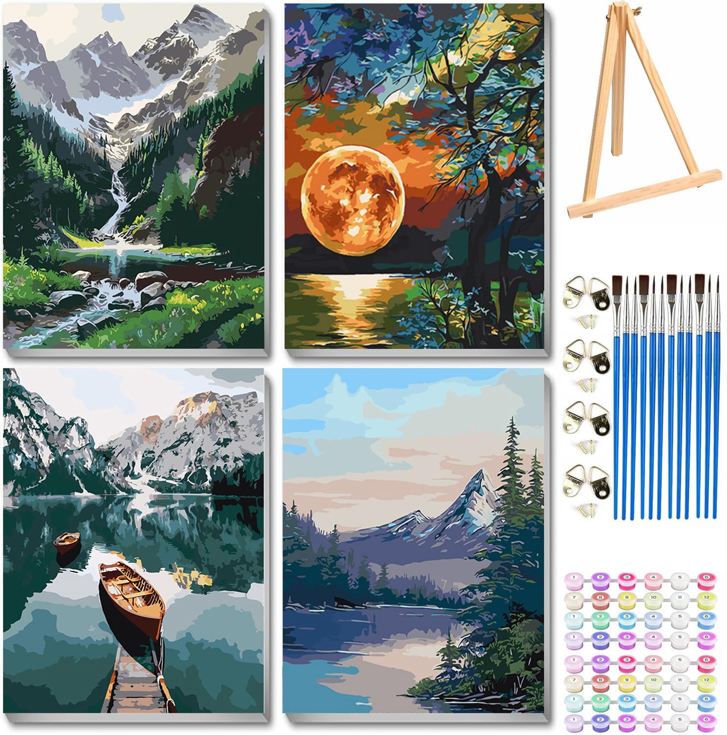 Jakener Nature 4 Pack Paint By Numbers For Adults With Frame,Painting By Numbers For Adults With Wooden Easel,Mountain Lake Landscape Diy Paint By Numbers Kits For Home Wall Decor 12X16inch