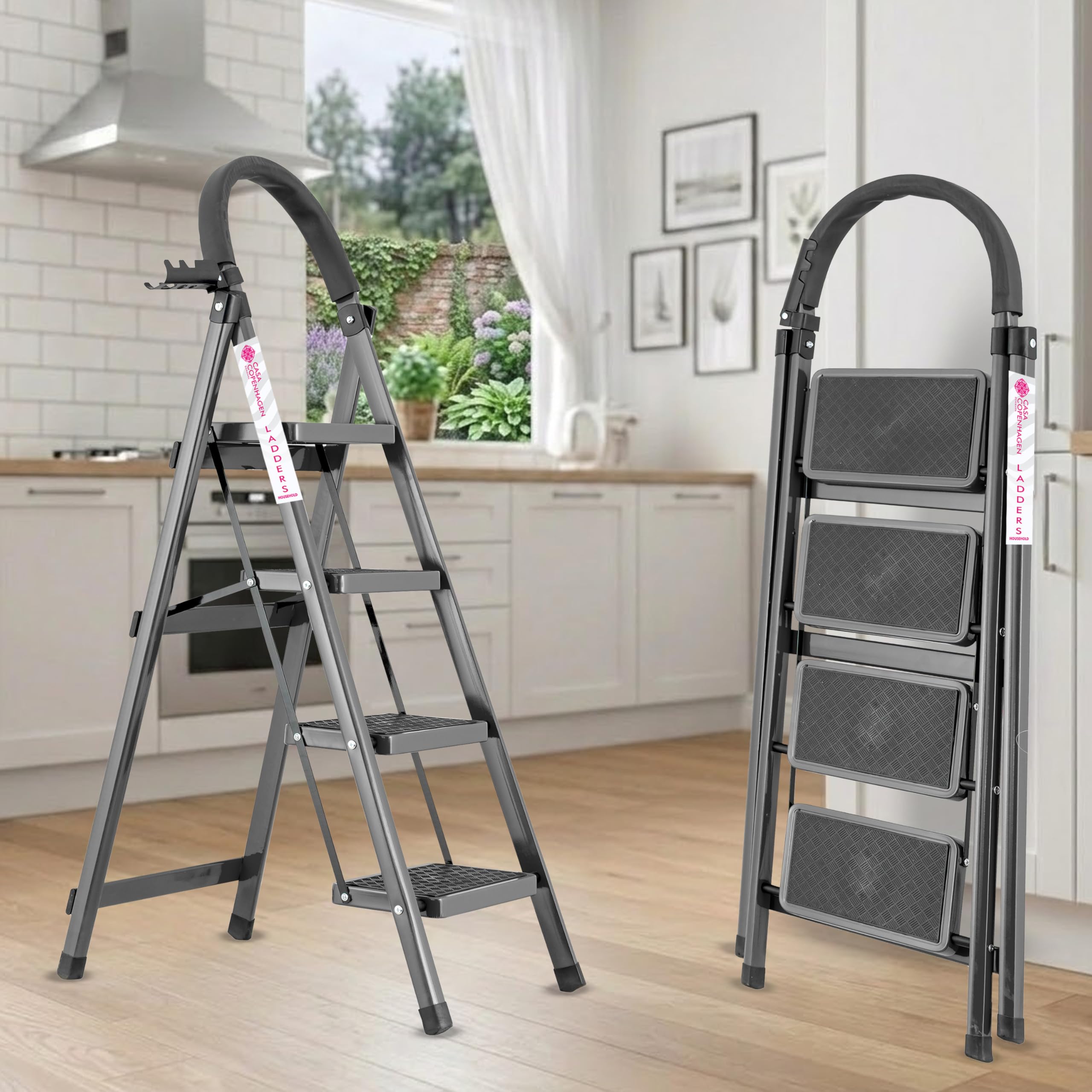 Casa Copenhagen Grey 4 Step Ladder for Home Use with Built-in Tool Tray | Heavy Duty D Shape Rods | Ultra Large Platform | Wide Rubber Feet |150Kg Capacity Foldable Ladder - 7 Years Warranty-image-43