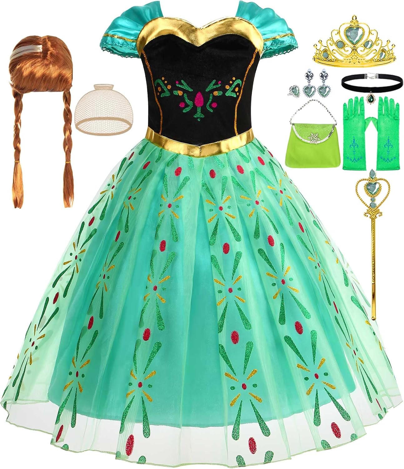 iTVTi Green Princess Dress for Girls Halloween Carnival Christmas Costume with Accessories