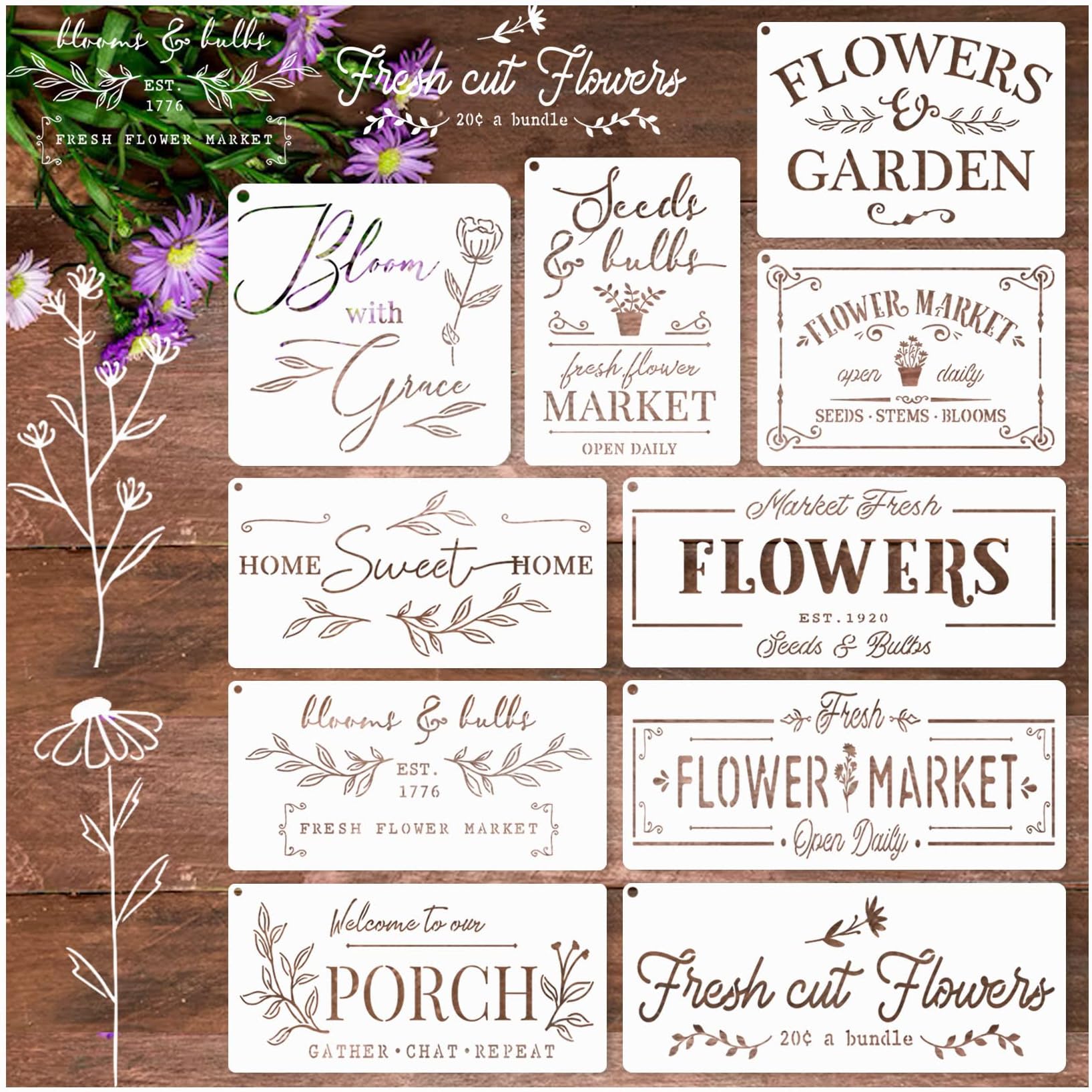 Flower Market Stencil for Crafts Spring Farmhouse Stencils for Painting on Wood Burning Wall, Large Garden Kitchen Embroidery Stencils Paint Art Home Sign Canvas Furniture Decor (Flower Market 1)