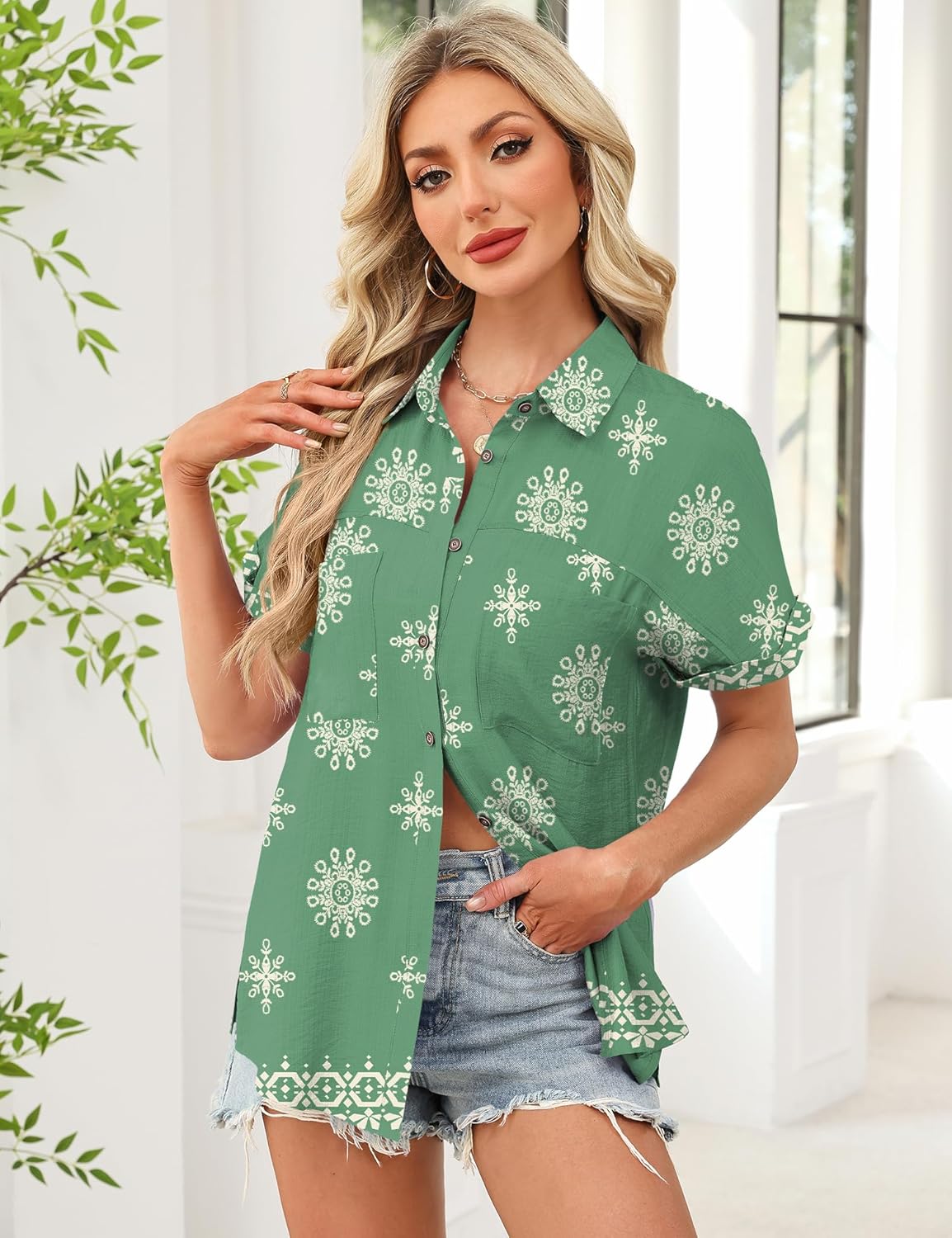 Button Down Shirt for Women Short Sleeve Blouses Dressy Casual Business Work Summer Vacation Tops Hawaii Shirts with Pockets - Image 3