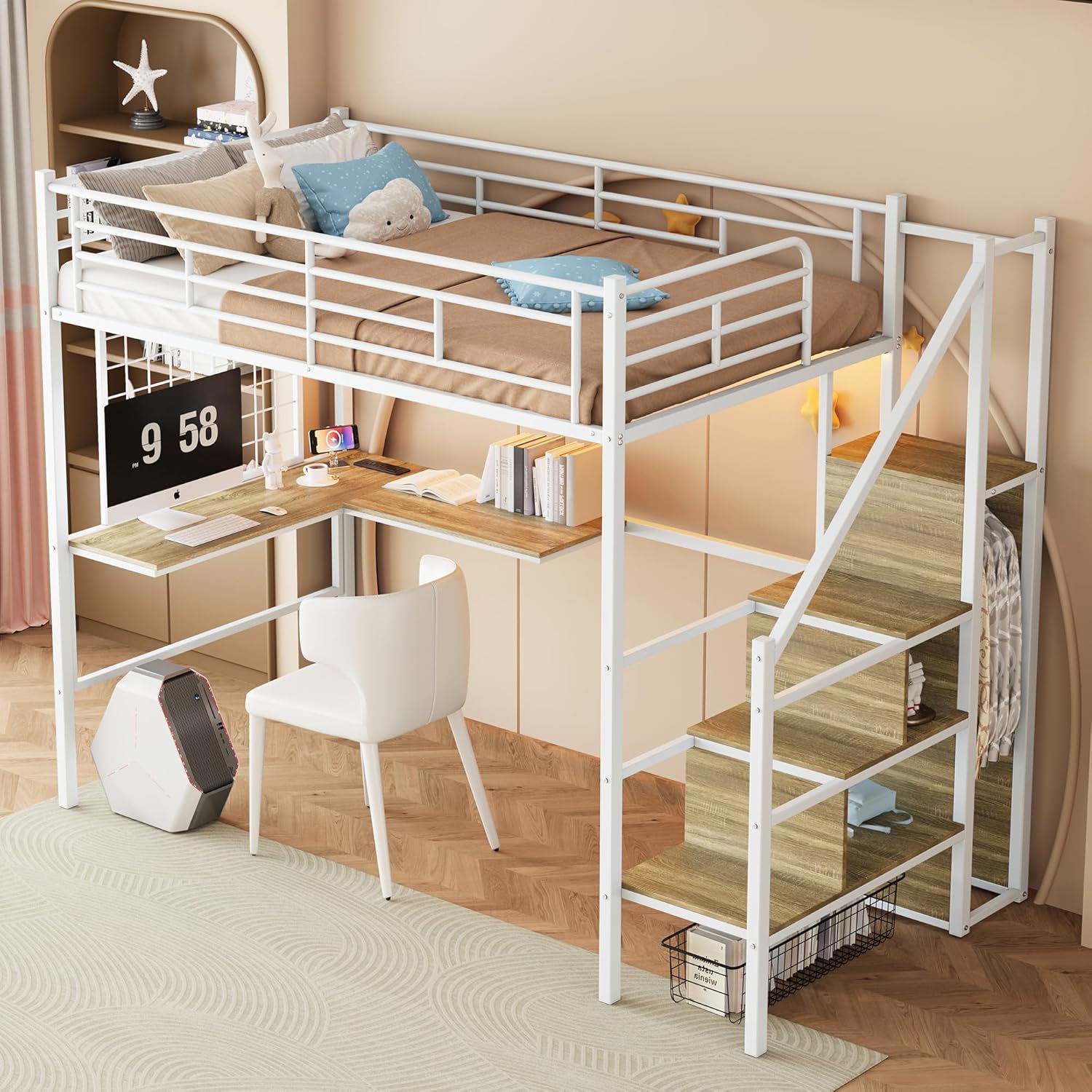 Twin Size Metal Loft Bed with L-Shaped Desk & Storage Wardrobe, Heavy Duty Bed Frame w/Reversible Stairs (Built-in Storage) + USB Port, Space-Saving Noise-Free, No Box Spring Needed