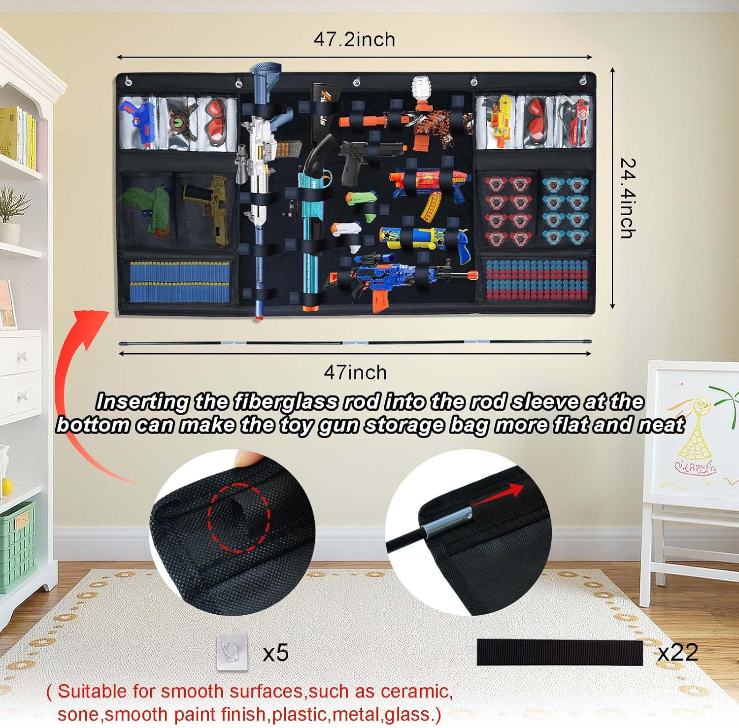 Hanging Toy Guns Storage Organizer Wall Mount Toys Storage Hanger with Pockets and Straps for Foam Blasters, Water Guns,Darts,Goggles Storage Organizer for Toy Guns Kids Rooms,Game Rooms