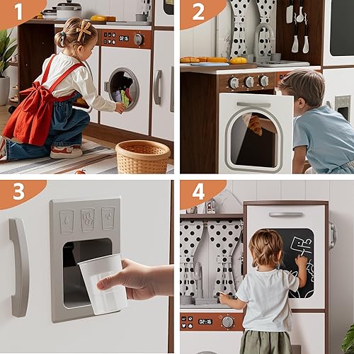 Miniatura 4 de Juego de cocina para niños pequeños, cocina de juguete de madera con mesa giratoria, juego de cocina para niños de esquina para niñas y niños a
