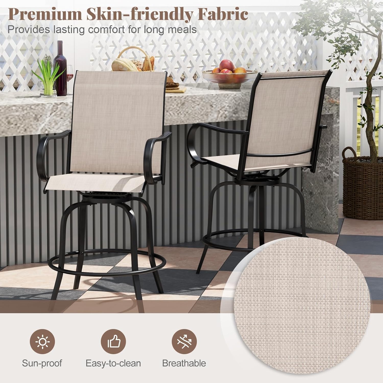 Giantex Set of 2 Swivel Outdoor Bar Stools, All-Weather Bar Height Patio Chairs, 330LBS Capacity, 360 Rotating Outside Bar Chairs with High Back Armrests, for Porch Yard Lawn Garden Pool (Grey)