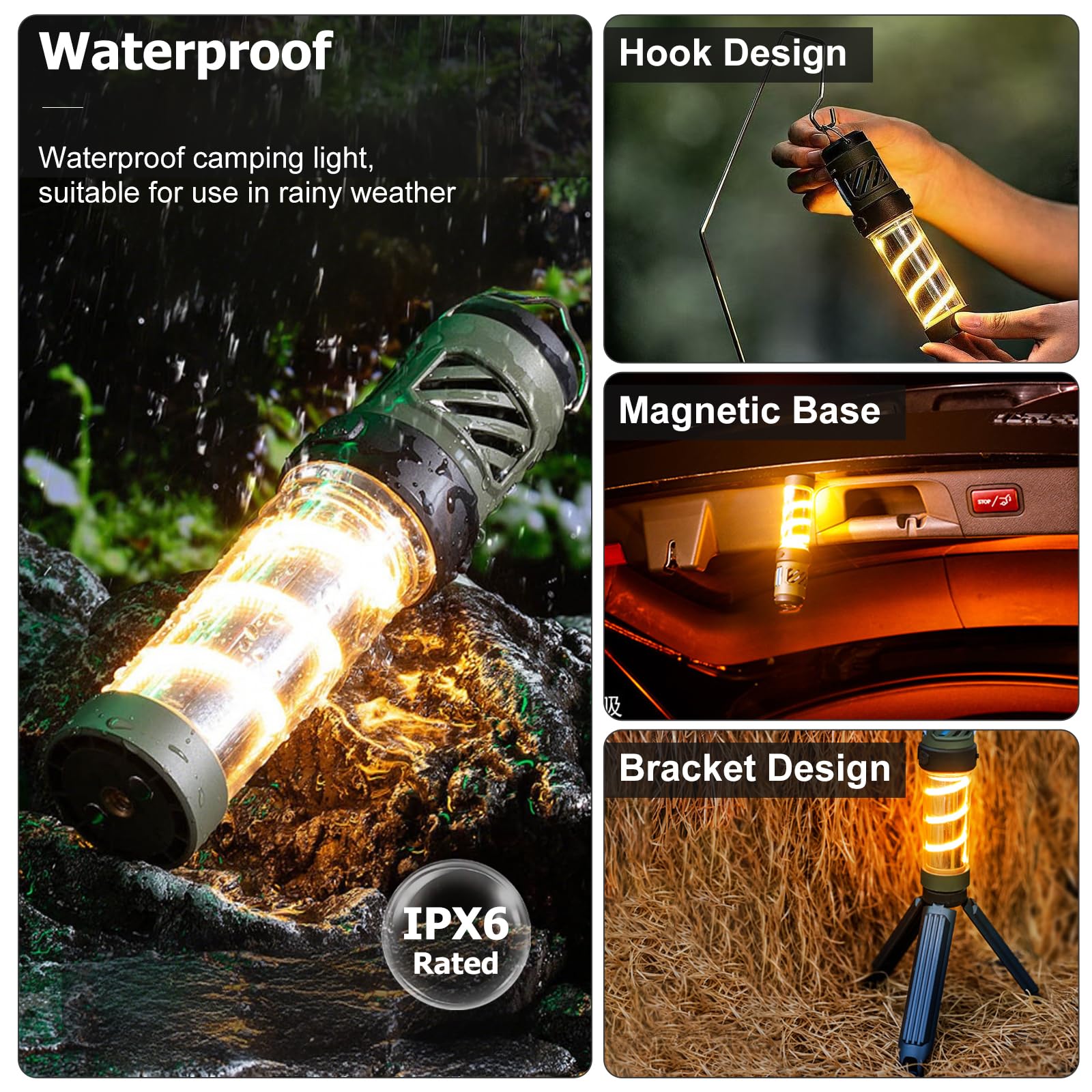 Linterna portátil 3 en 1 para camping, impermeable, luz de camping integrada al aire libre, cinco luces ajustables con trípode, para jardín, patio trasero, senderismo, camping, emergencias