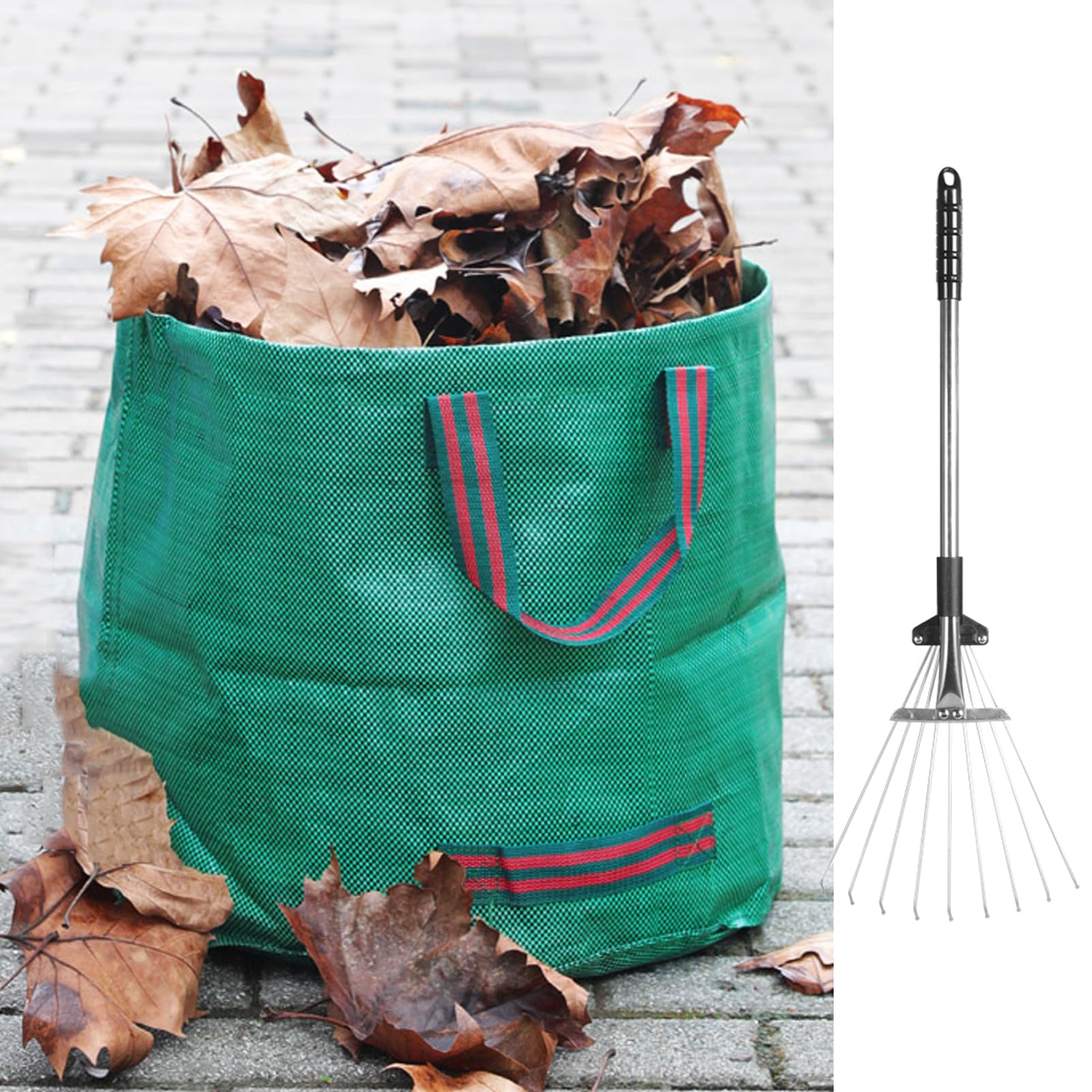 Bolsas de basura de jardín de 272 L, rastrillo de jardín de 9 dientes, sacos de basura de hojas de jardín impermeables con asas para recoger residuos de jardín, hierba y hojas de residuos vegetales