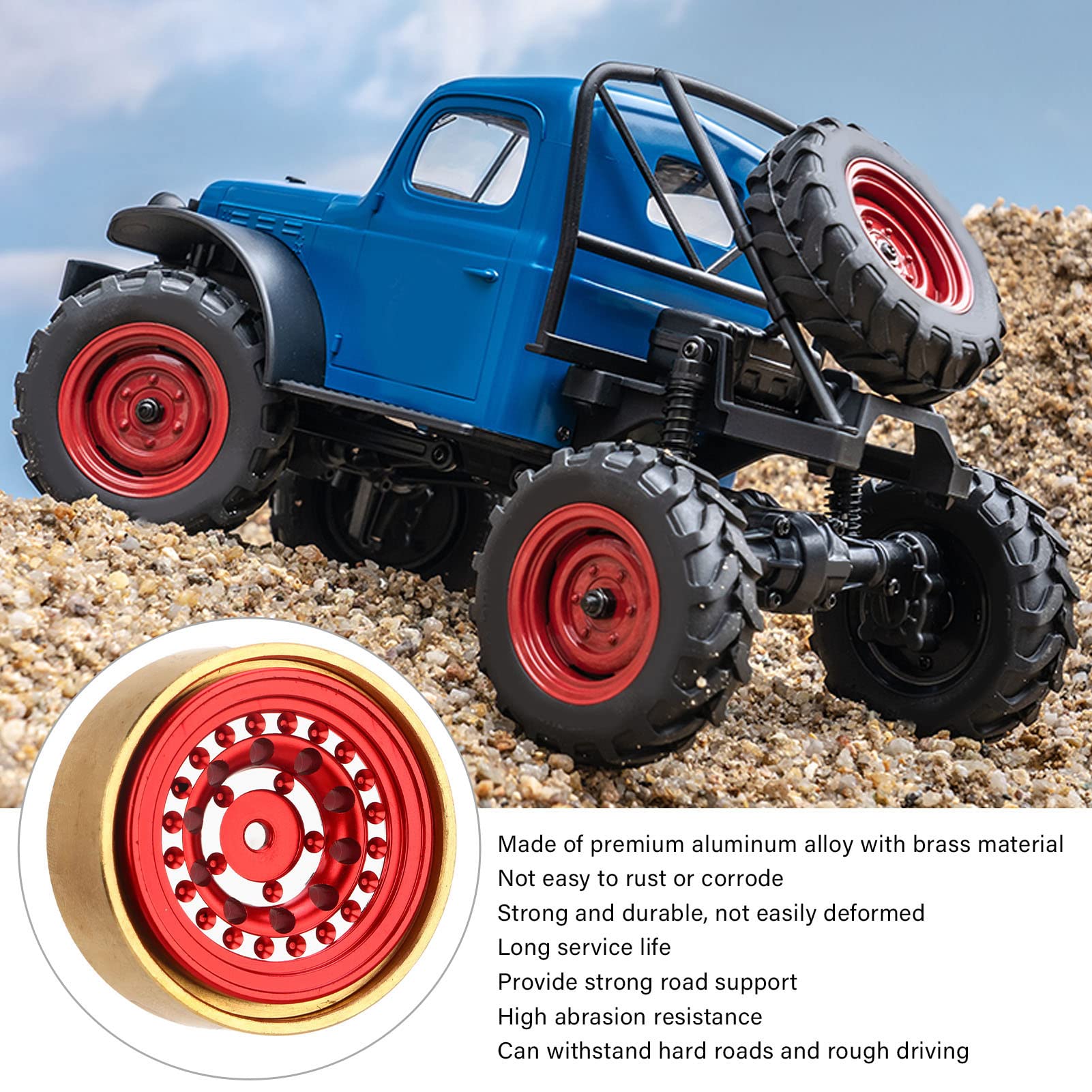 plplaaoo RC Beadlock Wheels Profesjonalny blok obciążnika koła ze stopu aluminium z mosiądzu do FMS FCX24 1/18 1/24 RC Car 4-częściowy zestaw z kluczem w zestawie (czerwony)