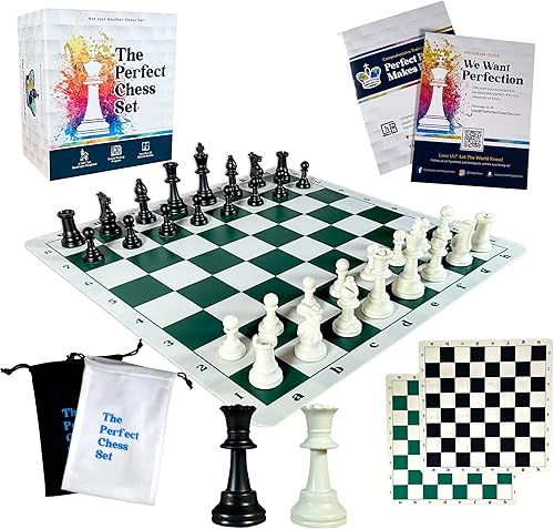 El juego de ajedrez perfecto, juego de ajedrez de torneo con dos tablas de silicona plegables de 20 x 20 pulgadas y piezas de Staunton de triple