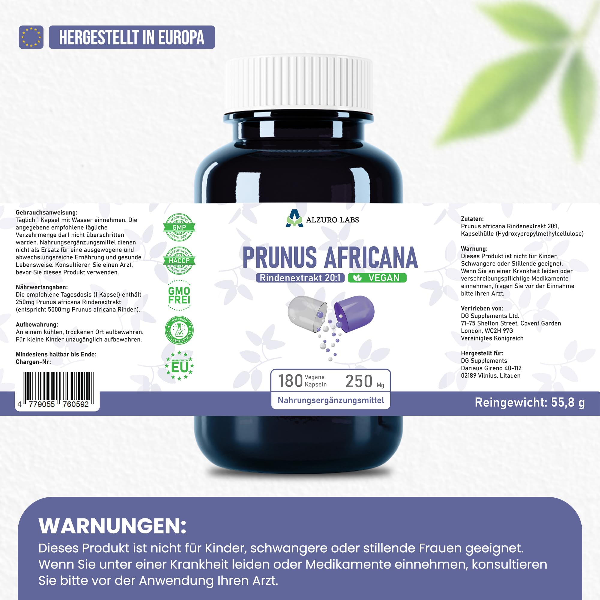 Pygeum africanum 5.000 mg equiv. | Alto dosaggio estratto corteccia 20:1 250 mg (13% fitosteroli) | 180 capsule vegane | Benessere maschile quotidiano | GMP e testato da laboratorio terzo