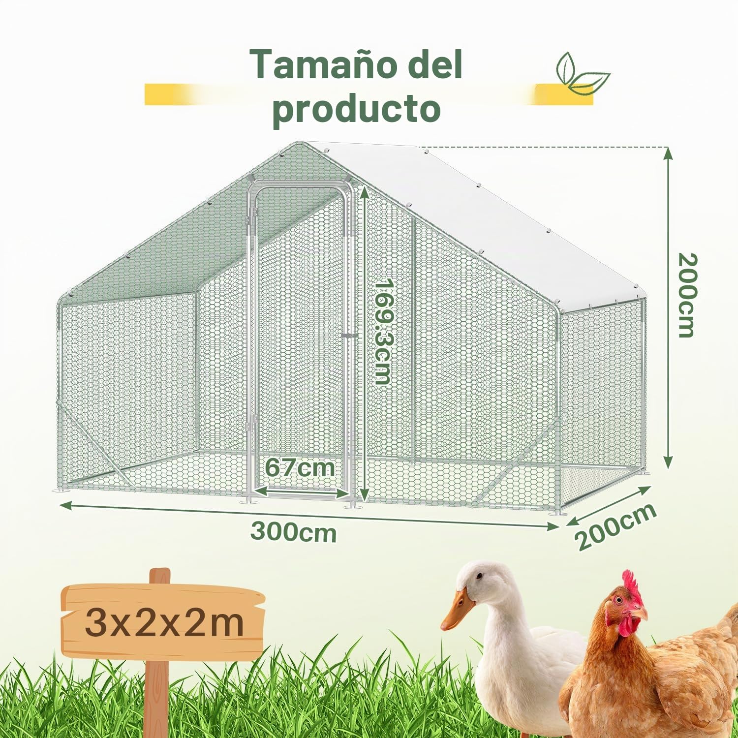 Gallinero con zona libre, 3x2x2m con cerradura de seguridad y tela impermeable de PE, fácil de limpiar, zona libre para gallinas, jaula para pájaros, pequeños animales y plantas