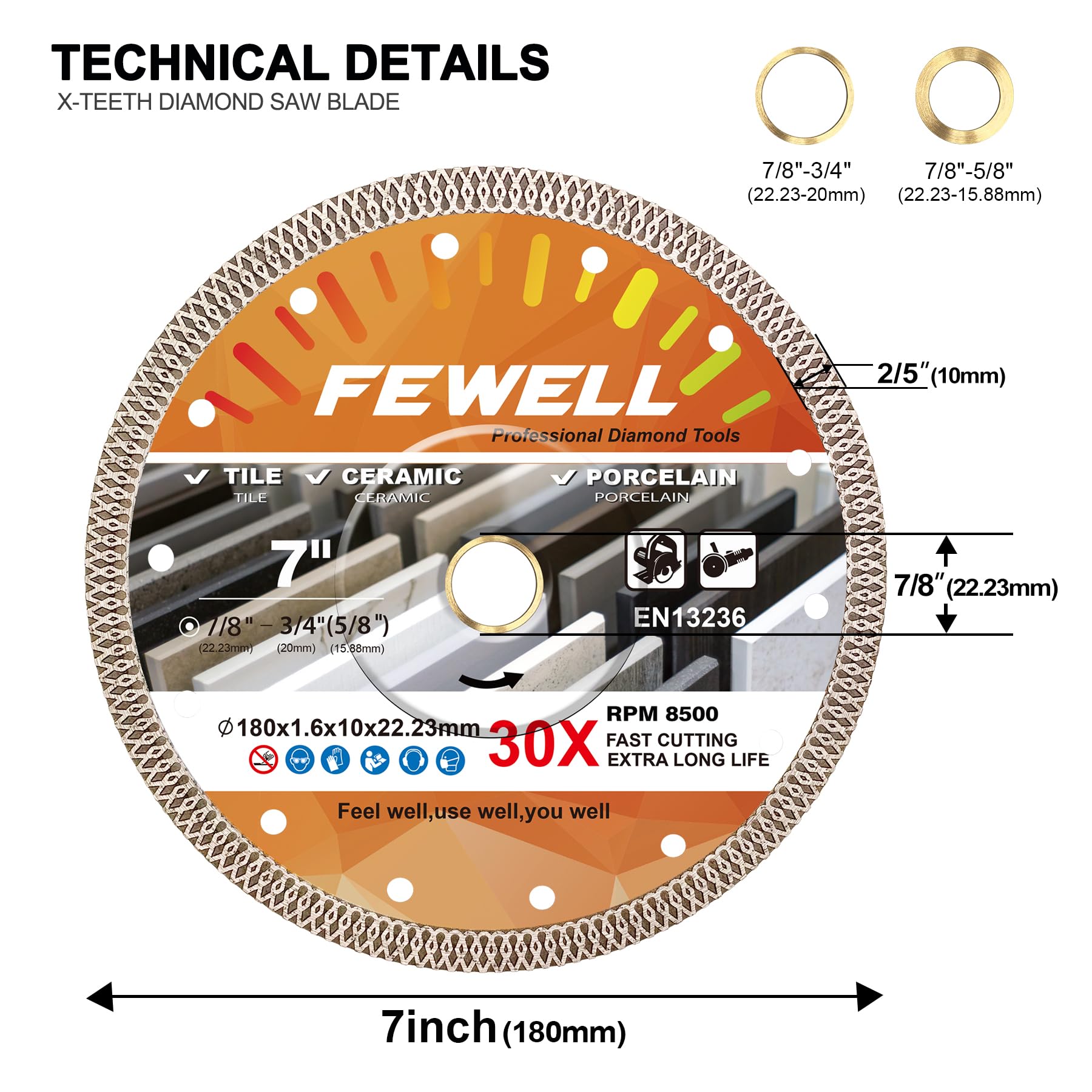 FEWELL Rueda de corte turbo de 17,78 cm, ultrafina, 1,6 mm, dientes X, hoja de diamante, corte en seco y húmedo de porcelana, azulejos y cerámica (1 unidad)