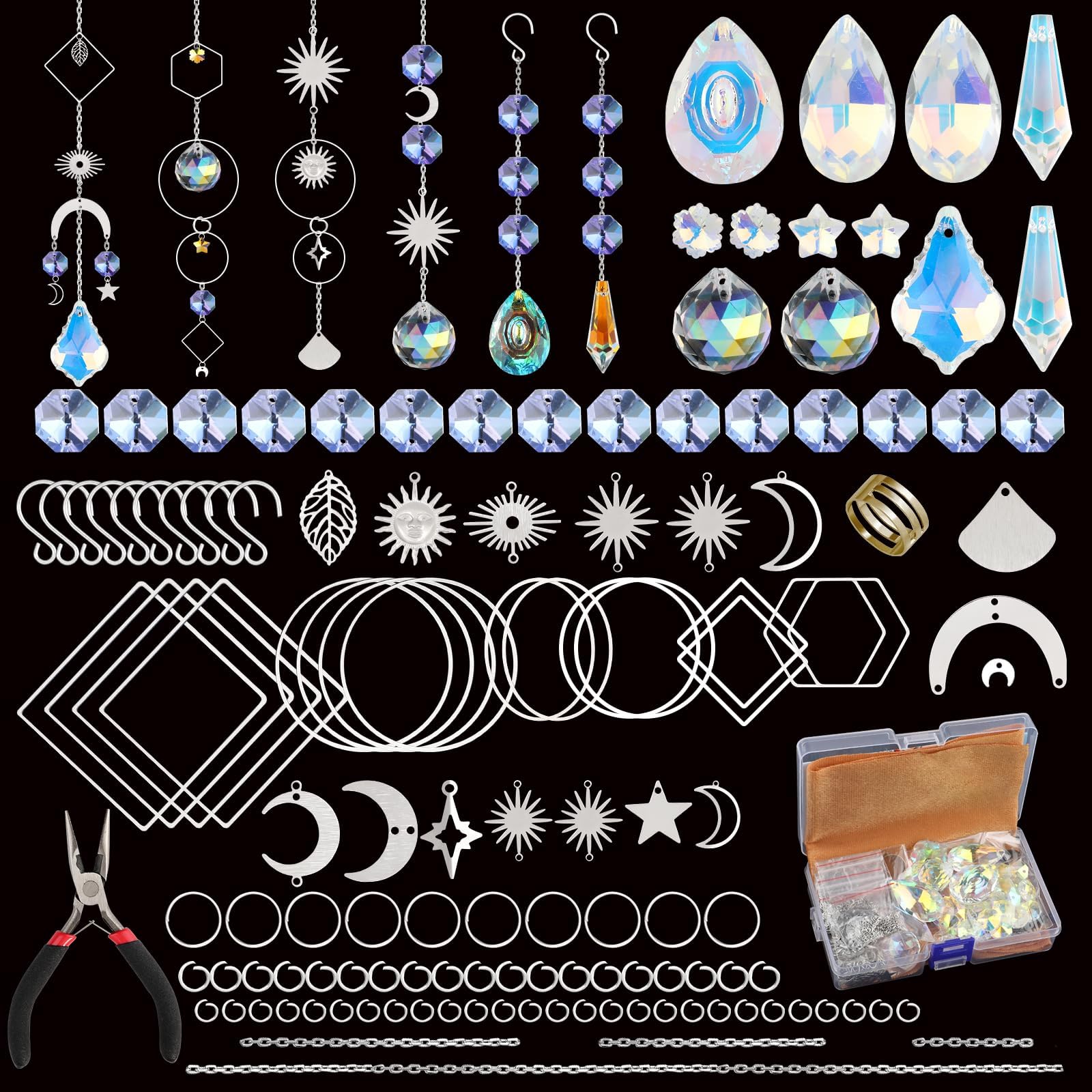 Ktxaby 200 Pcs DIY Suncatcher Making Kits,Crystal Sun Catchers Crafts with Hooks Chains Pendants,Rainbow Maker Prism,Hanging Craft Decor for Windows Indoor Outdoor Garden Wedding Party (Sliver)