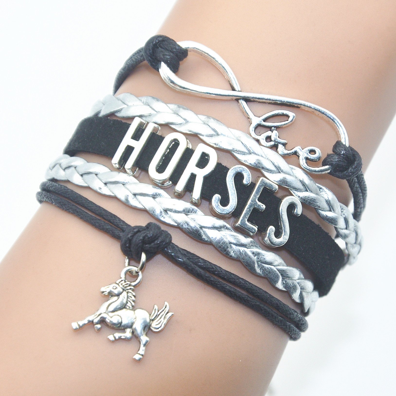 HHHbeauty Horse Jewelry Bracelet Infinity Love Wrap Bracelet For Women, Men, Riders, Horse Lovers, Horsemen (Black and Silver)
