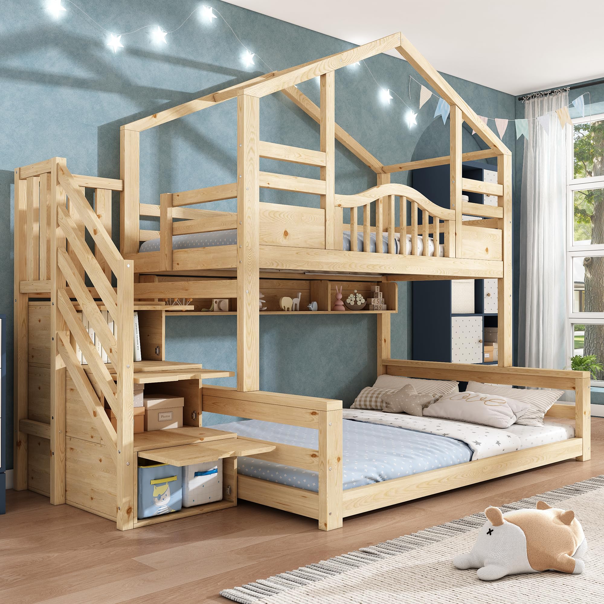 Lit Superposé en Bois pour Enfants 90x200 Et 140x200 Cm avec Rangements Hydrauliques, Escalier-BibliothèQue BarrièRes De SéCurité Et Port USB-C, Lit Familial DéCalé (Naturel, 254x145x206cm)