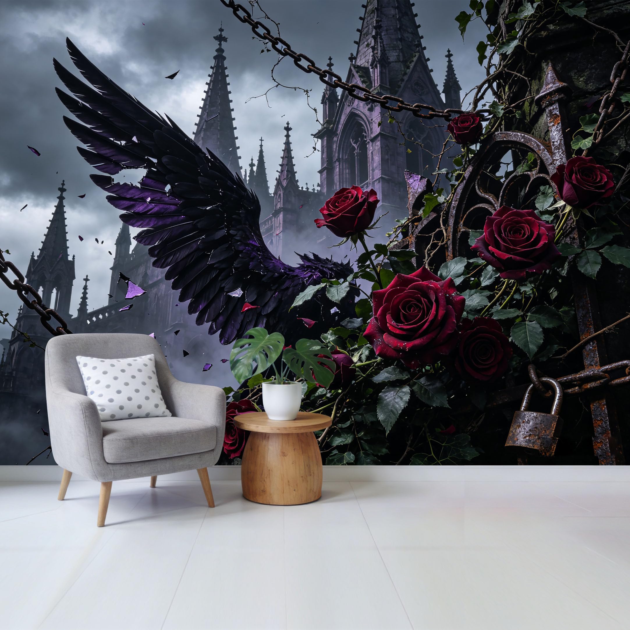 Qzlithotic Yq2605250023 Custom Size Wall Mural Gothic Dark Rose Wing Chain Cathedral Architectural Art Selfadhesive Wall Fabric Removable Wallpaper For Home Office Decor