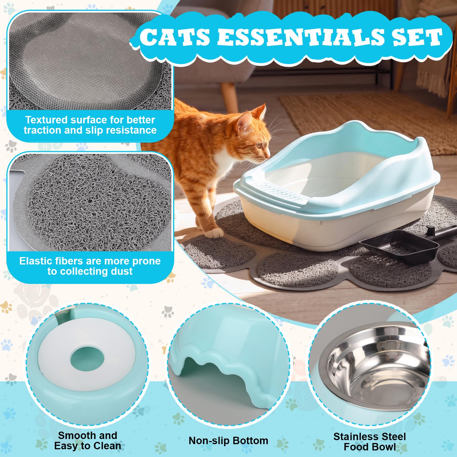 8-teiliges Starter-Set für Kätzchen, Katzen-Kätzchen-Starter-Set, enthält Katzentoilette, Matte, Schalen, faltbare Tragetasche, Kratzunterlage, Zubehör für Willkommensgeschenk (blau)