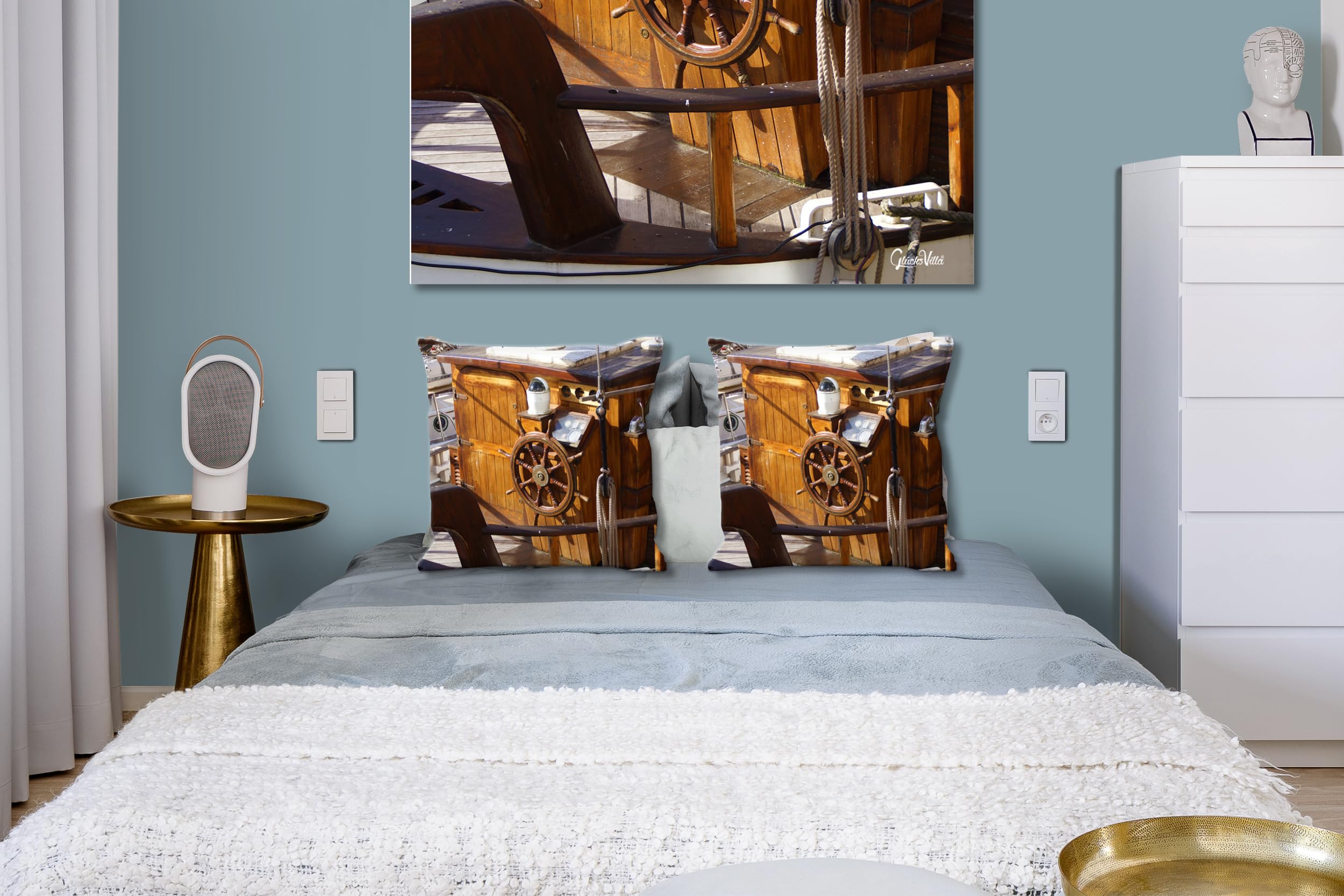 Segel-Schiff 6 - Foto-Kissen-Hülle Set (2 STK.) 40 x 40 cm | Kissen-Bezüge - passend zu Wandbild - Deko-Kissen - Segel-Boot Holz Meer Steuerrad maritim