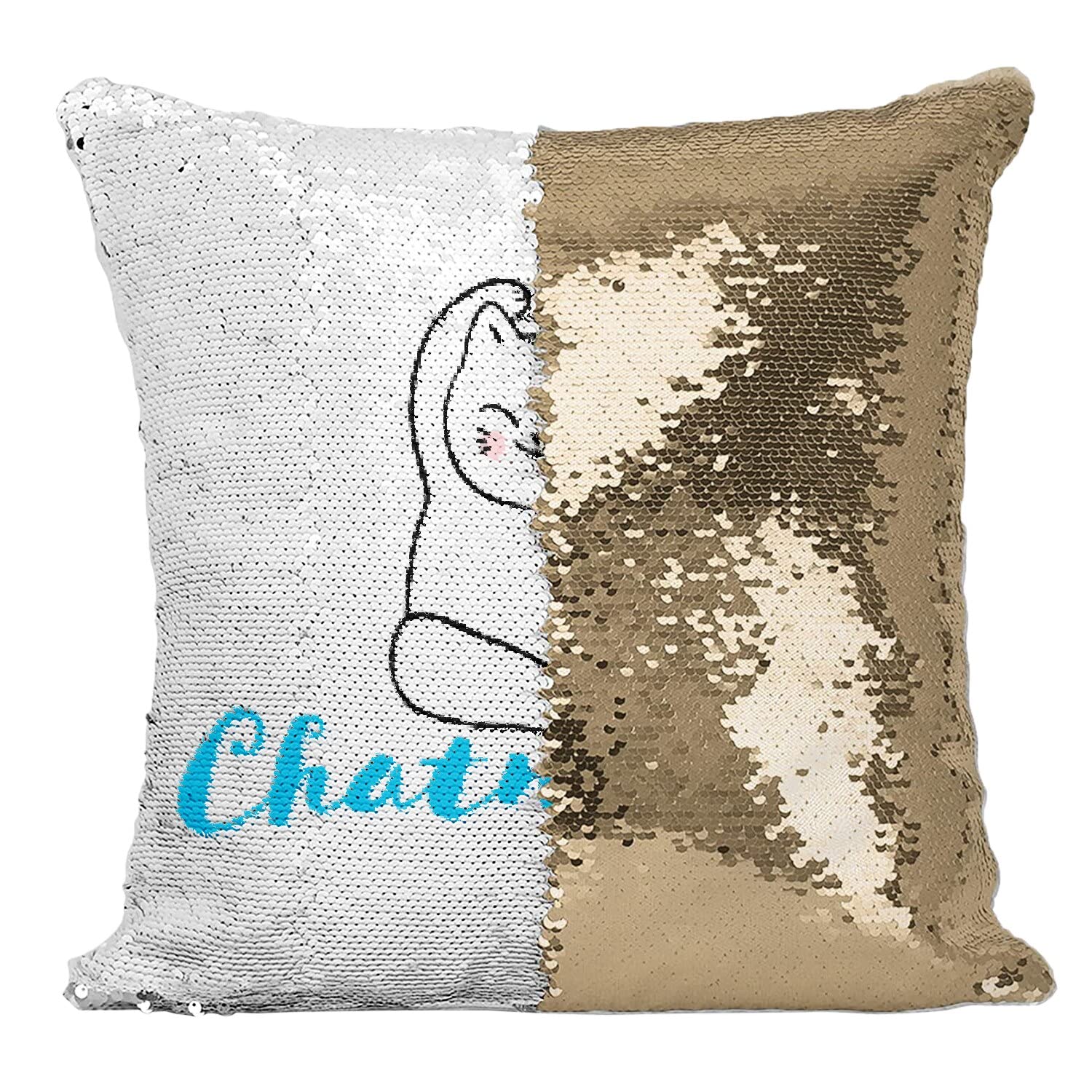Coussin paillettes doré chat yoga avec housse de décoration salon zen