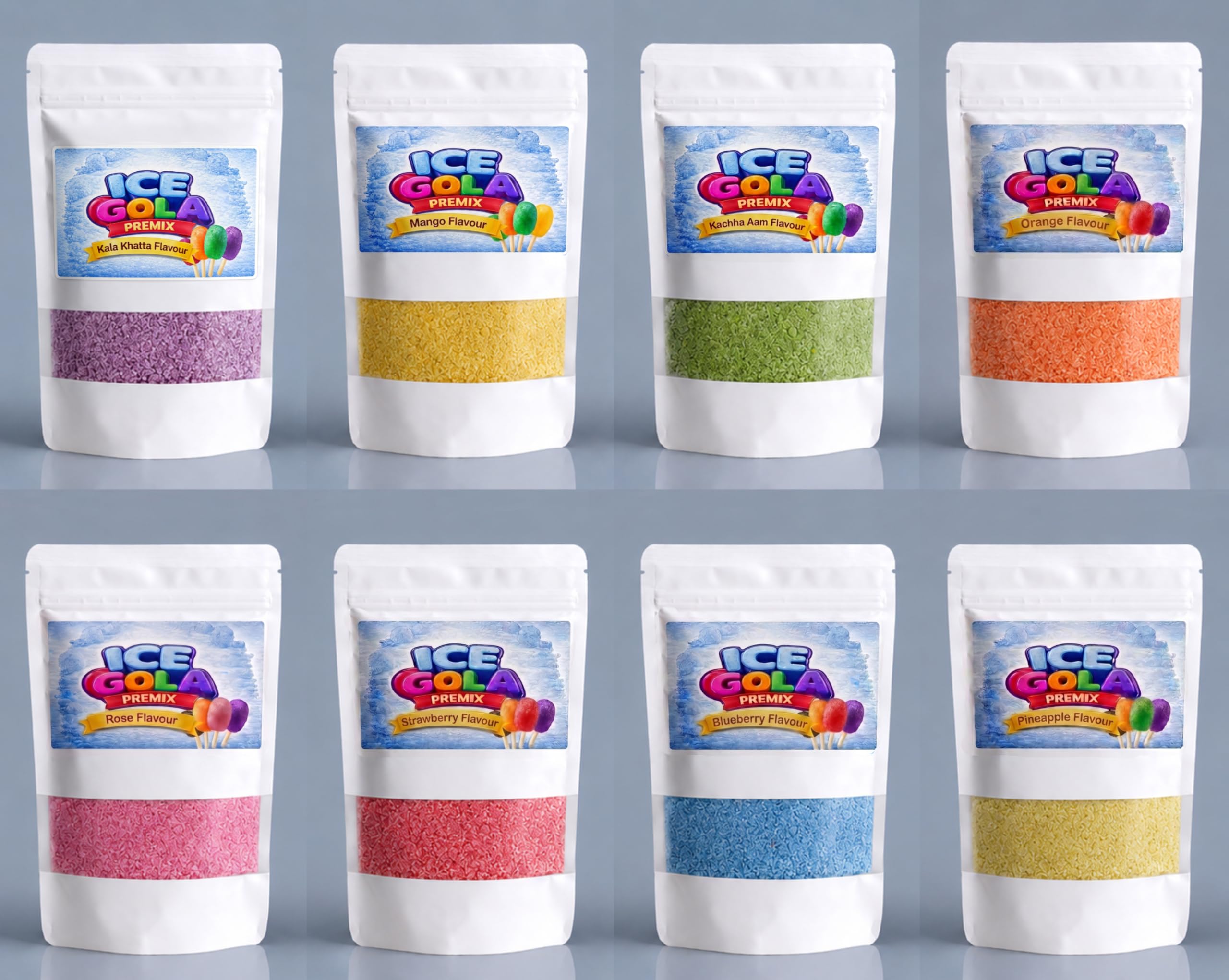 ICE Gola Premix Strawberry, Rose, Blueberry, Pineapple, Kala Khatta, Kaccha Aam, Mango, Orange Flavour-image-11